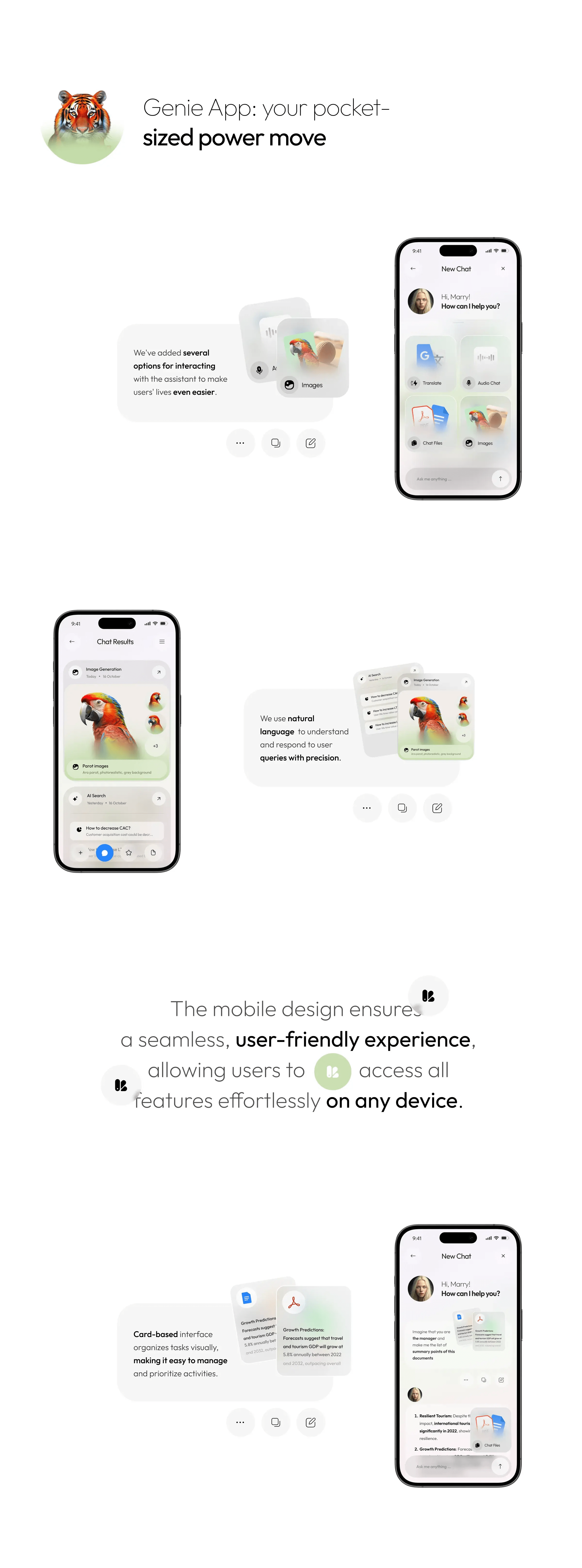 Screenshot of a mobile phone showing the Genie AI assistant app UI.