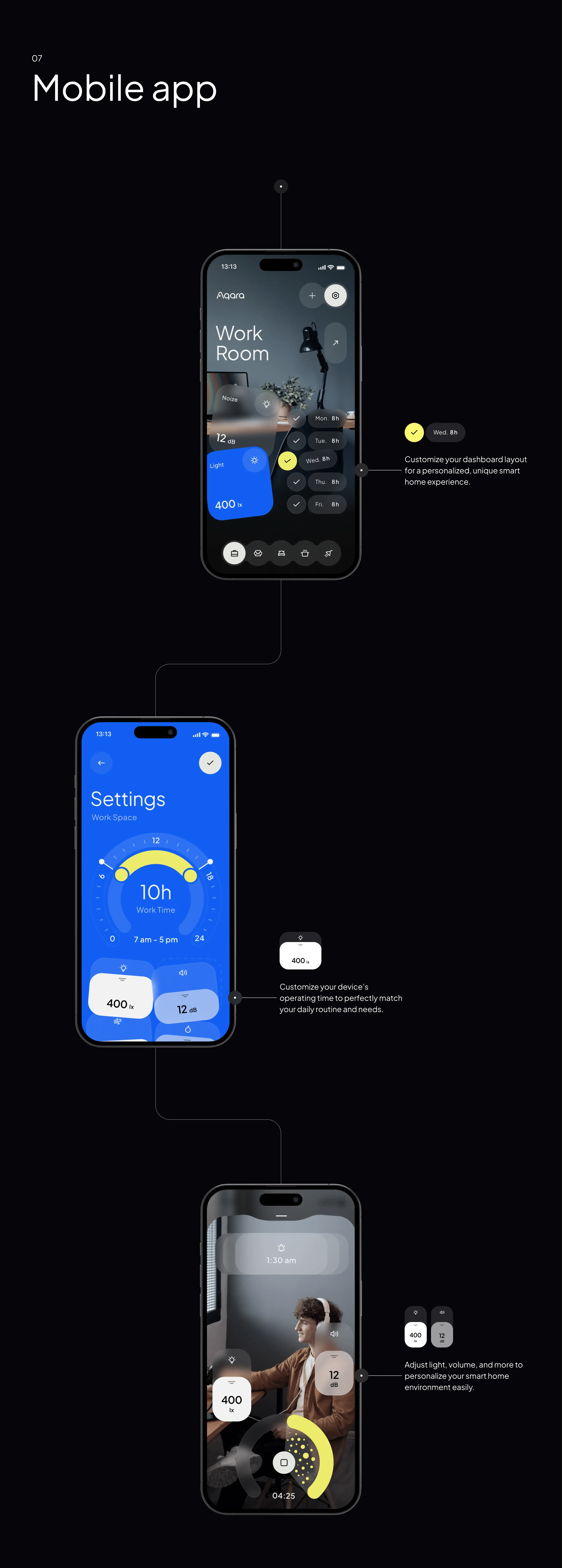 Screenshot showcasing the UI/UX design of the Aqara smart home app across several mobile devices.