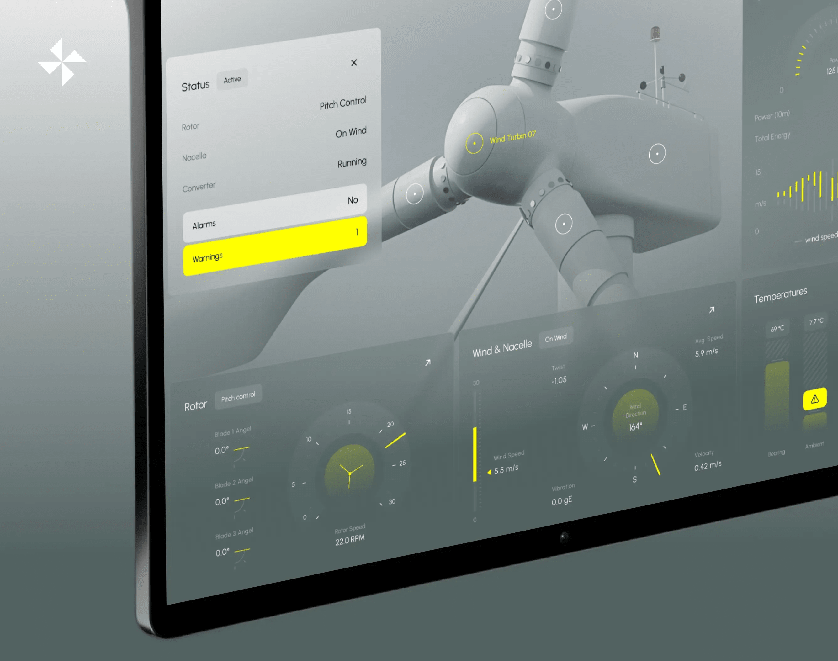 Screenshot of the windfarm SaaS platform user interface displayed on a tablet.