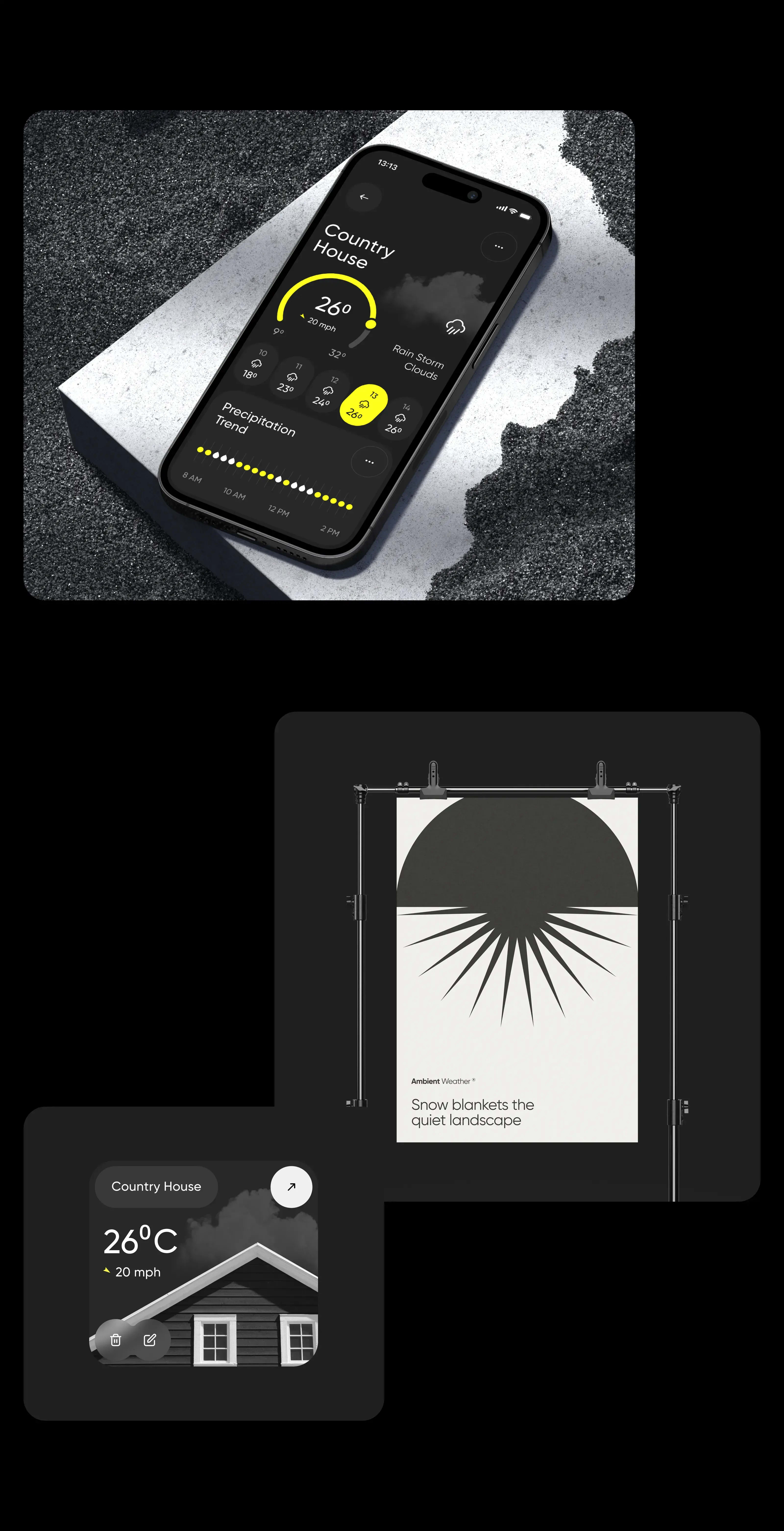 Smartphone displaying the UI/UX design for an ambient weather and IoT app.