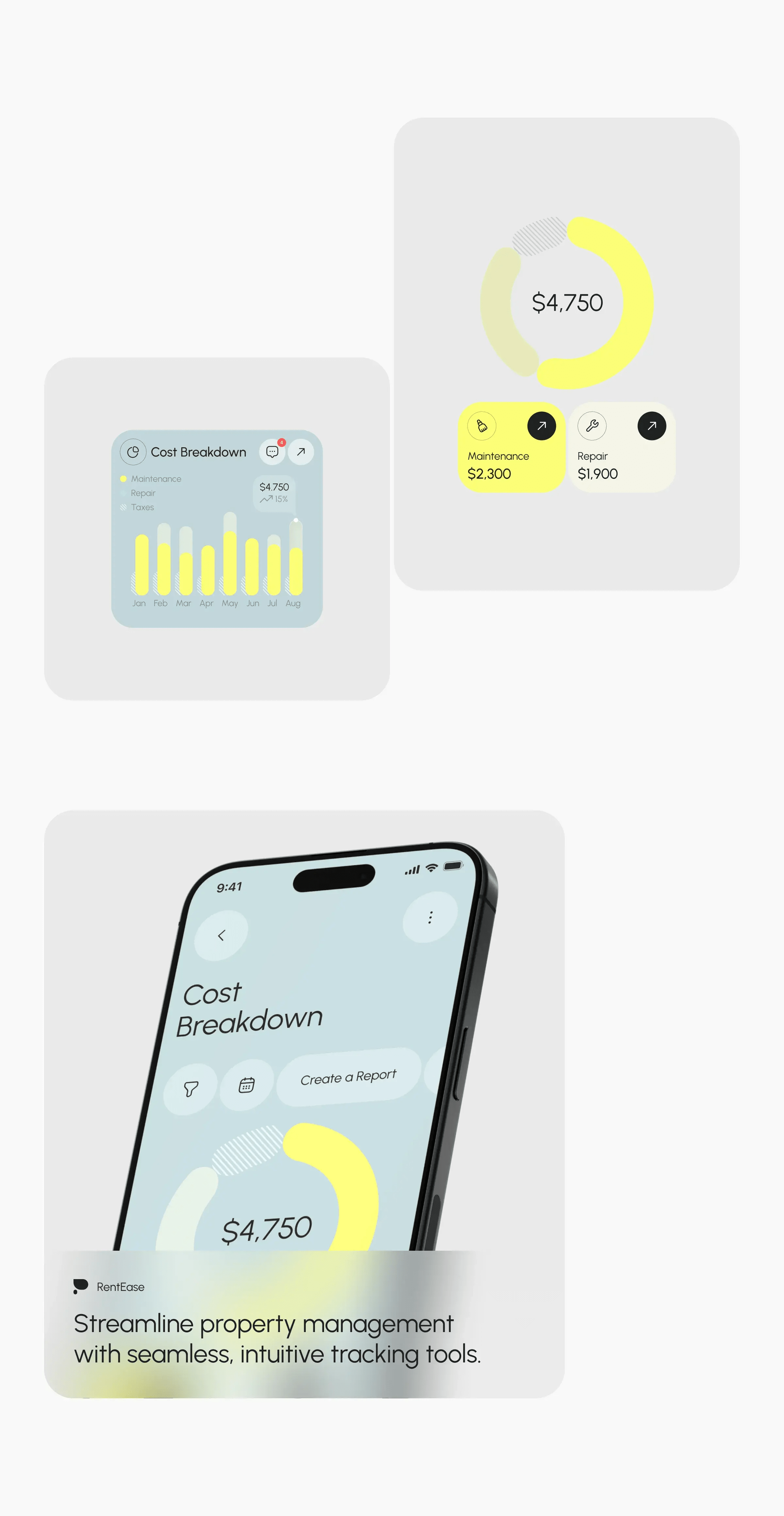 Smartphone displaying the rentease property management mobile app interface.