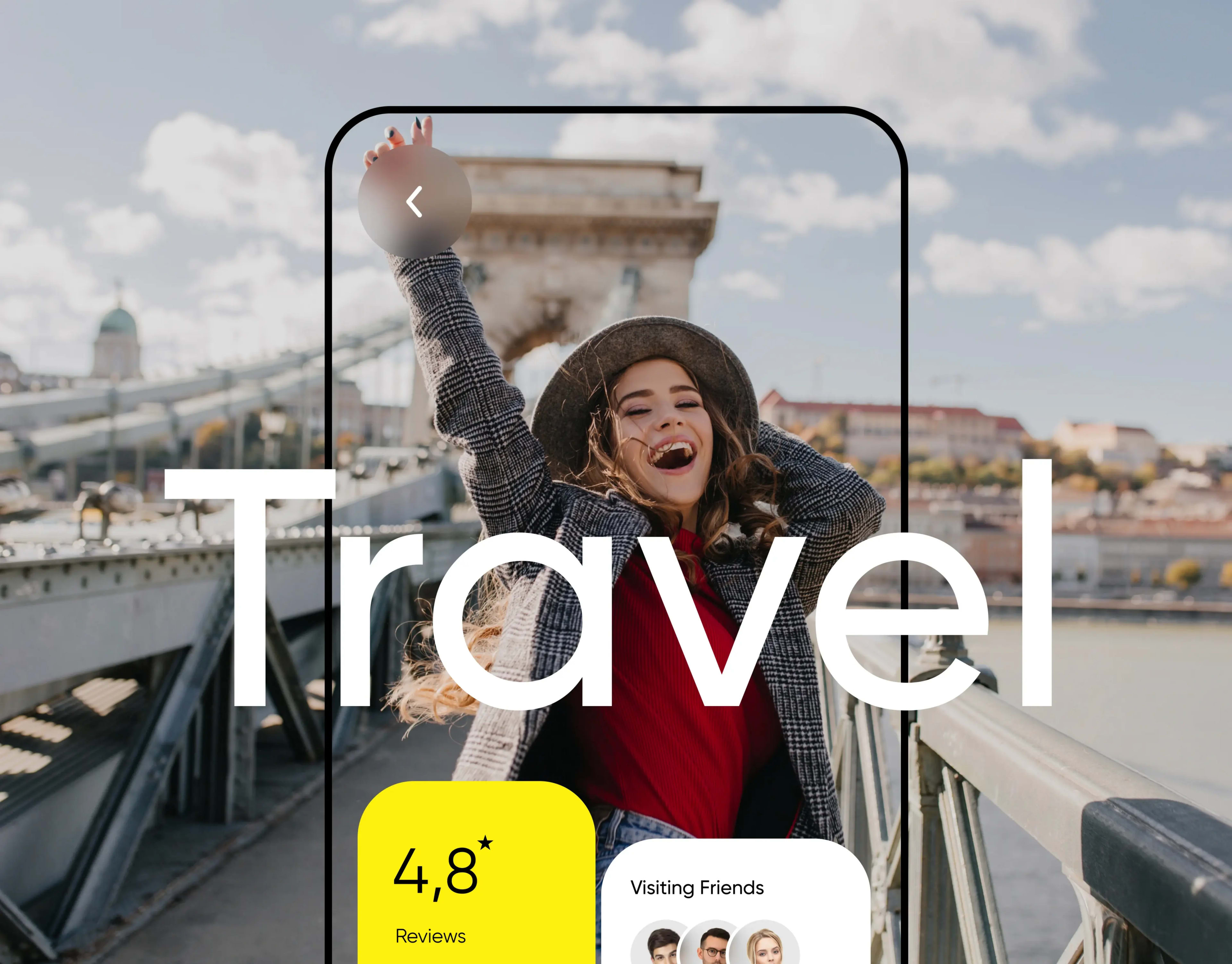Smiling person viewing user reviews and 4.8 rating on a travel service mobile app.