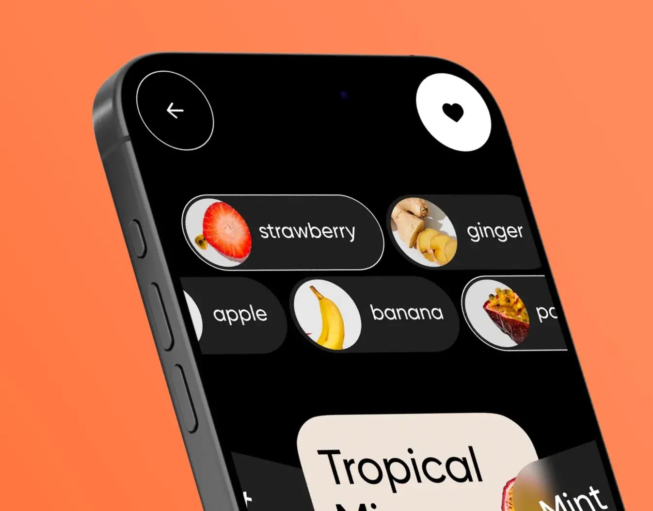 Screenshot of the Kenko mobile app UI on a smartphone, showing ingredient options like strawberry, ginger, and banana.