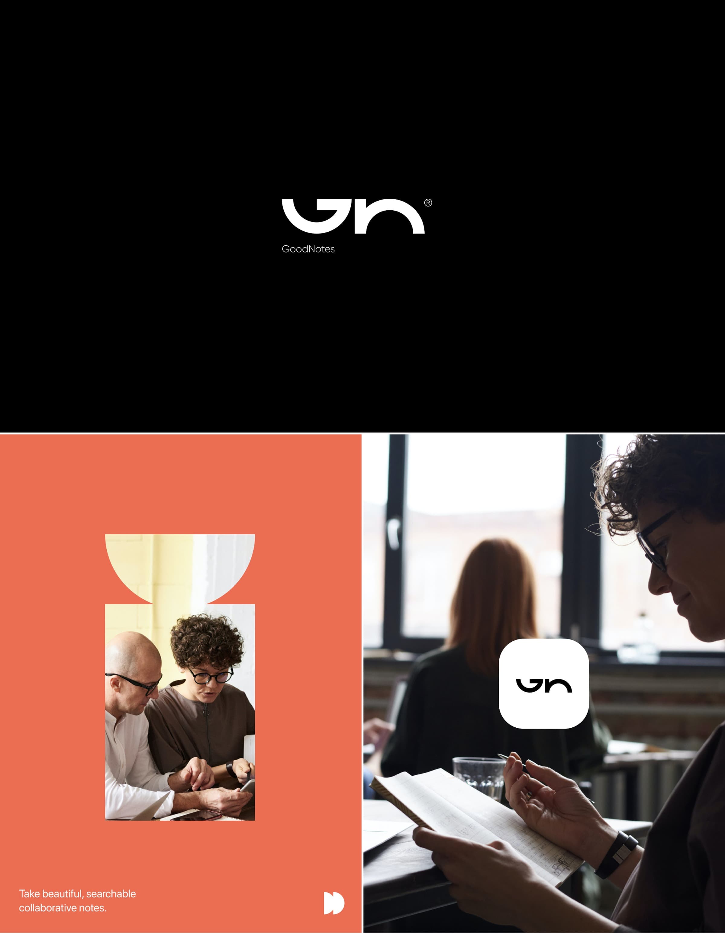 Collage screenshot showcasing GoodNotes branding and mobile app design.