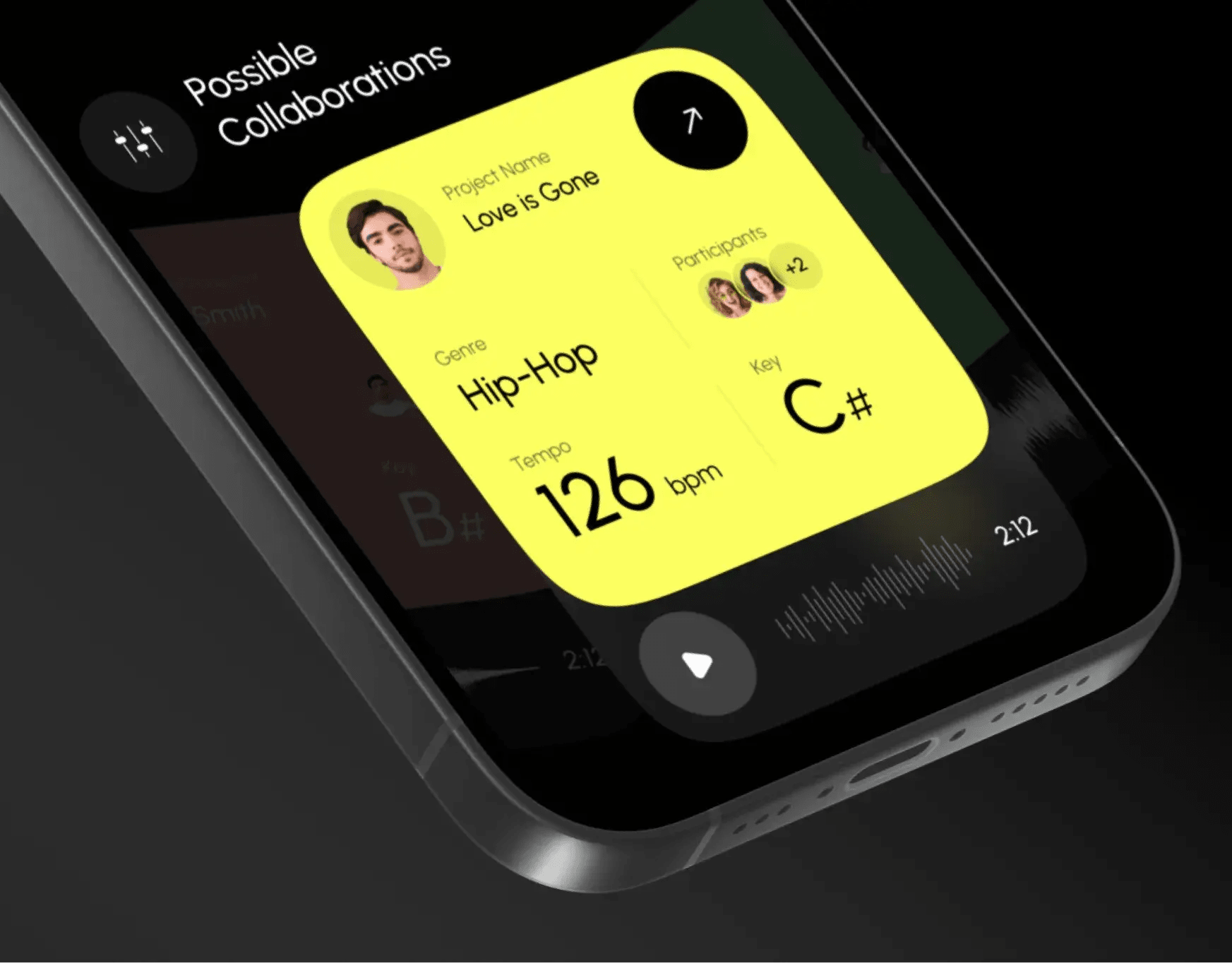 Screenshot of the music collaboration mobile app interface, showing project details and "Possible Collaborations".