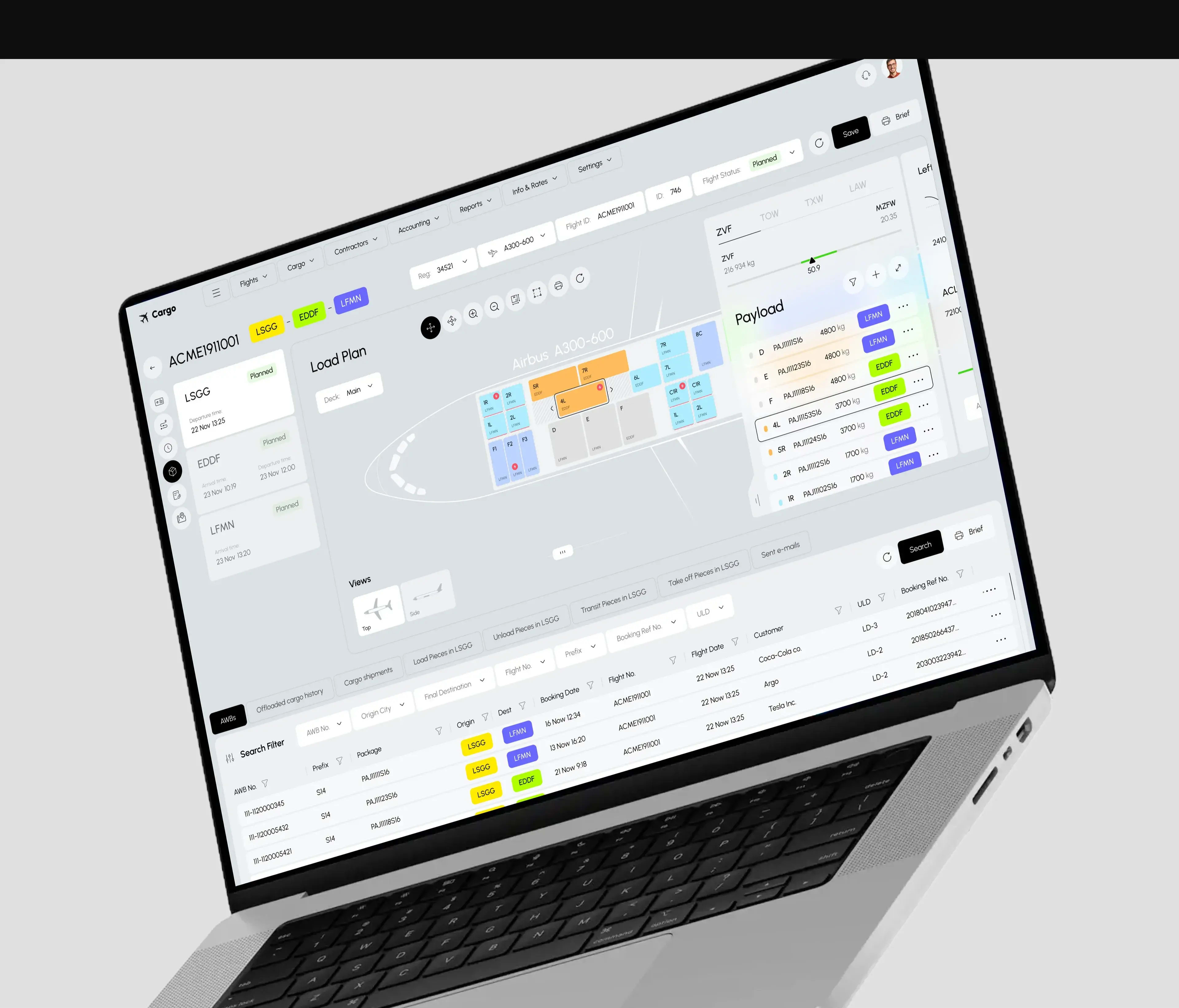 Screenshot of the cargo TMS system SaaS web application UI on a laptop.