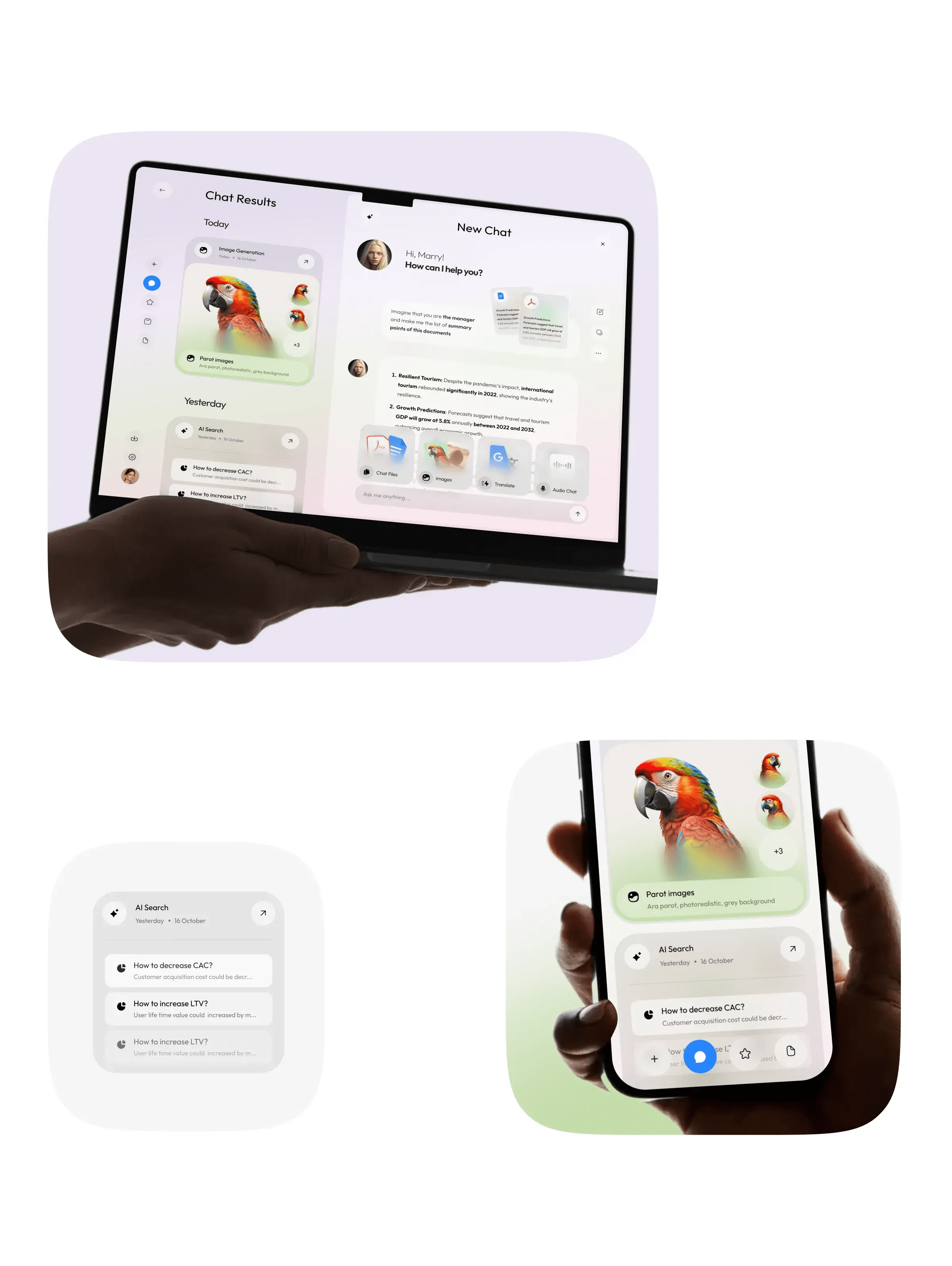 Screenshots of the AI chatbot assistant UI design on a tablet and mobile phone.