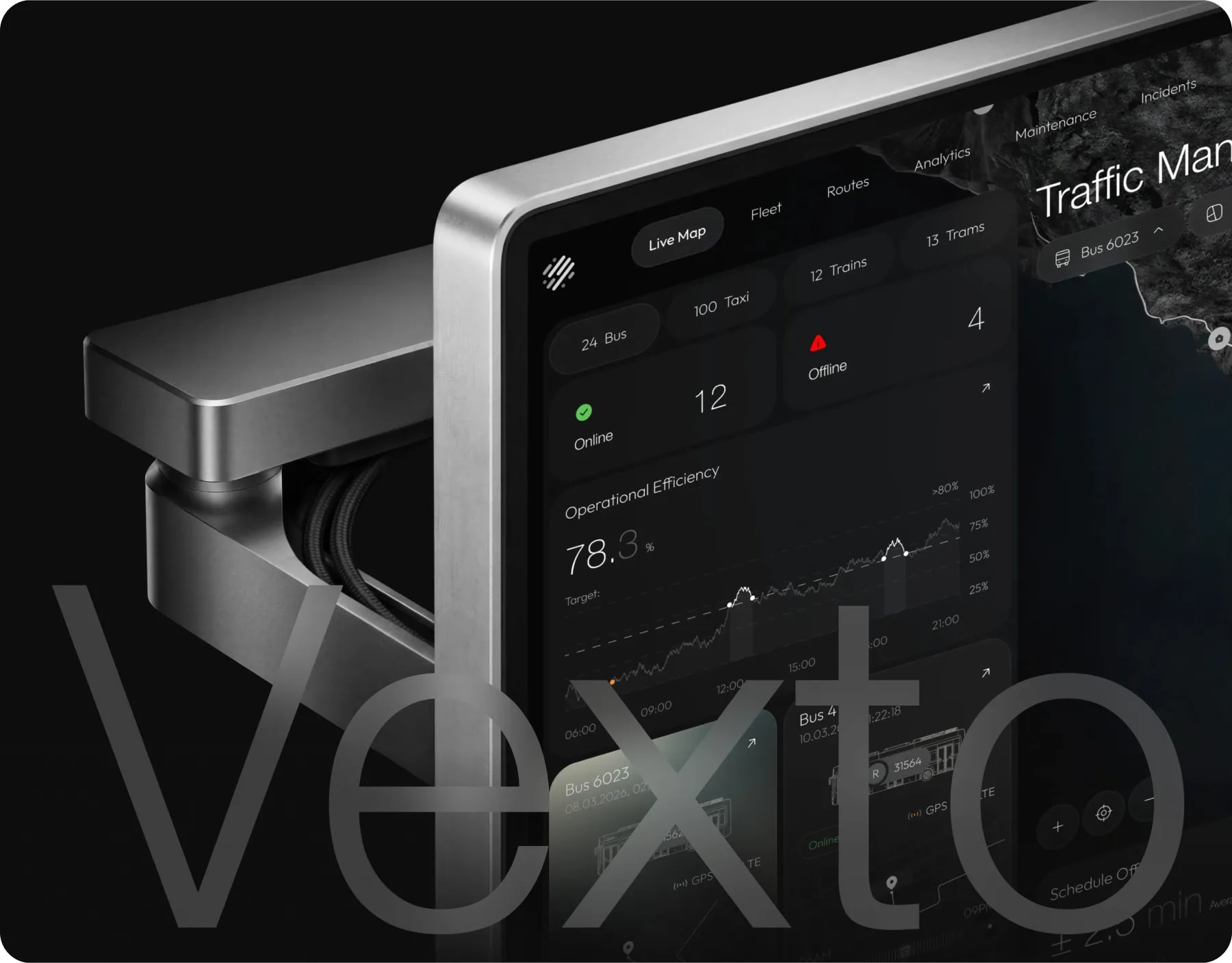 Vexto transit telemetry SaaS dashboard hero screen with real-time fleet dispatch control