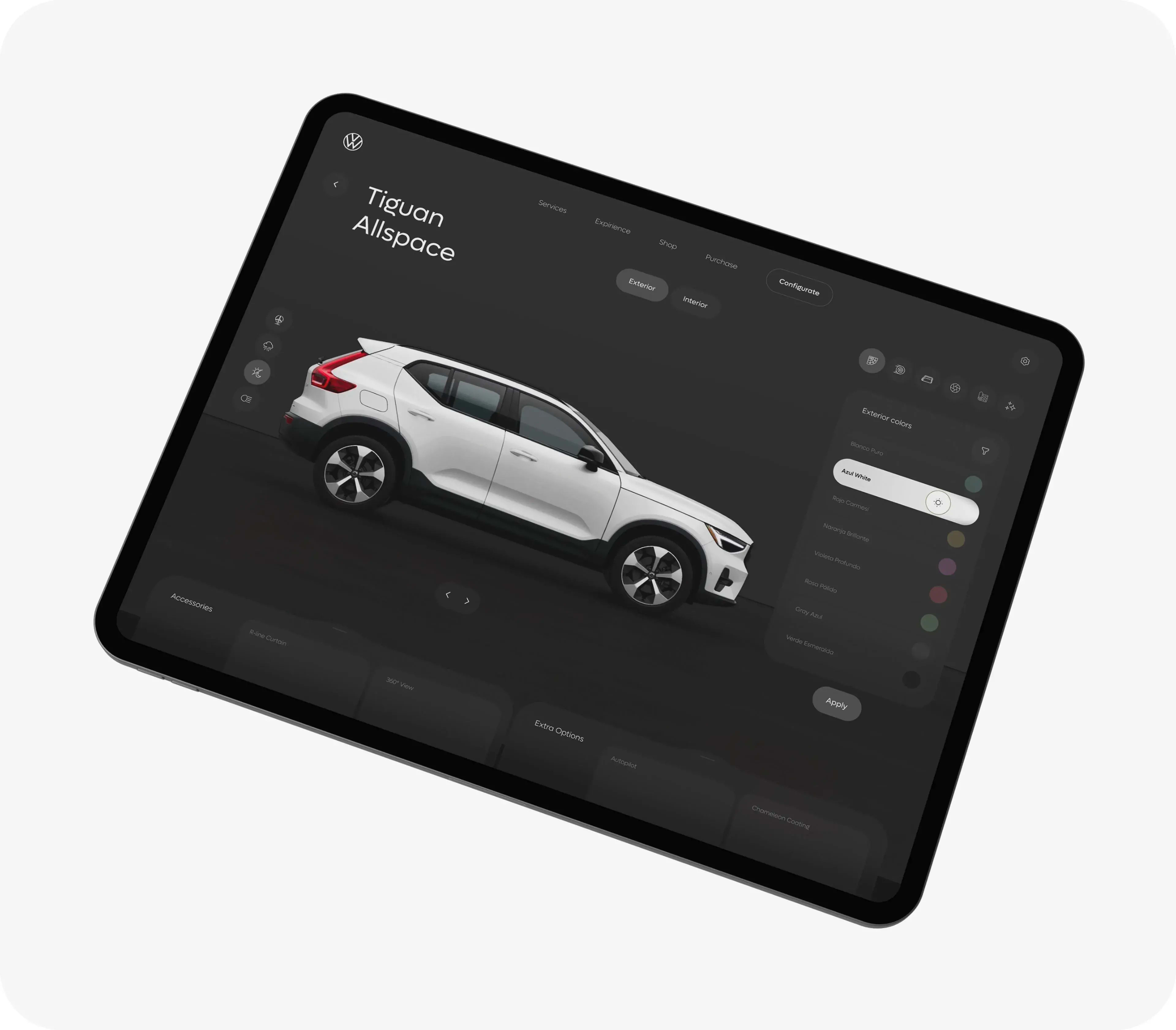 Volkswagen car configurator mobile app UI on a tablet next to a Volkswagen SUV.