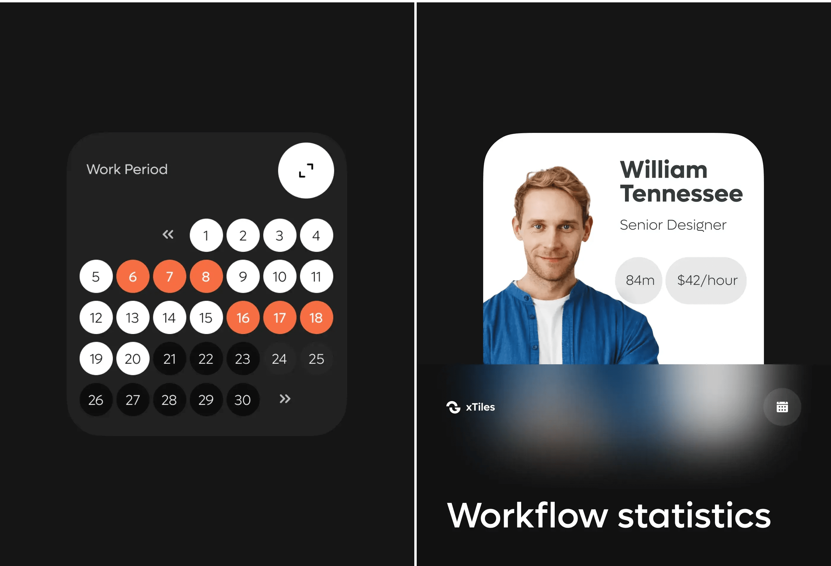 Screenshot of the mobile app UI for xtiles CRM, showing a data meter and user profile section.