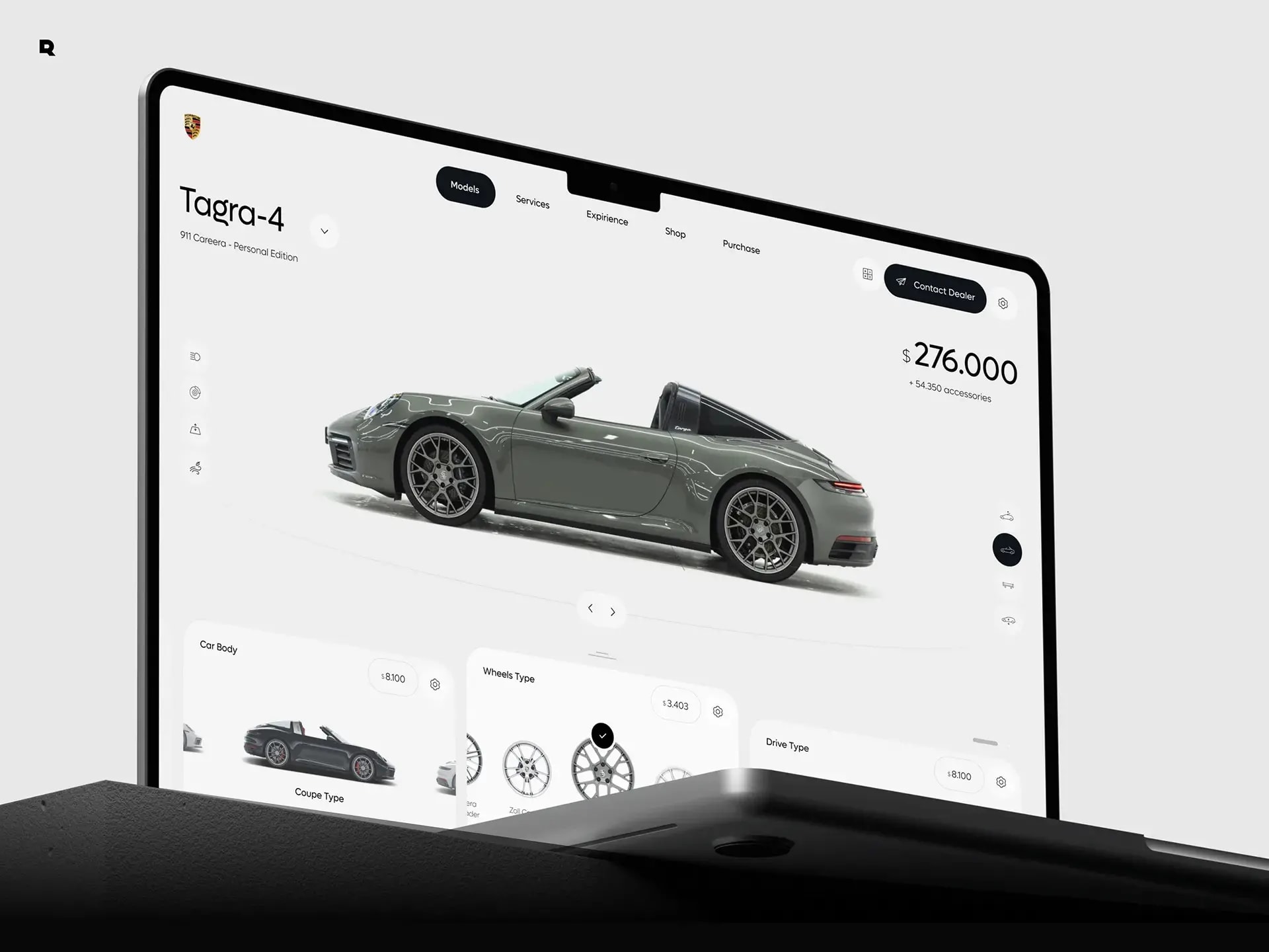 Screenshot of the Porsche 911 Targa 4 web configurator UI design, showing the car and customization options.