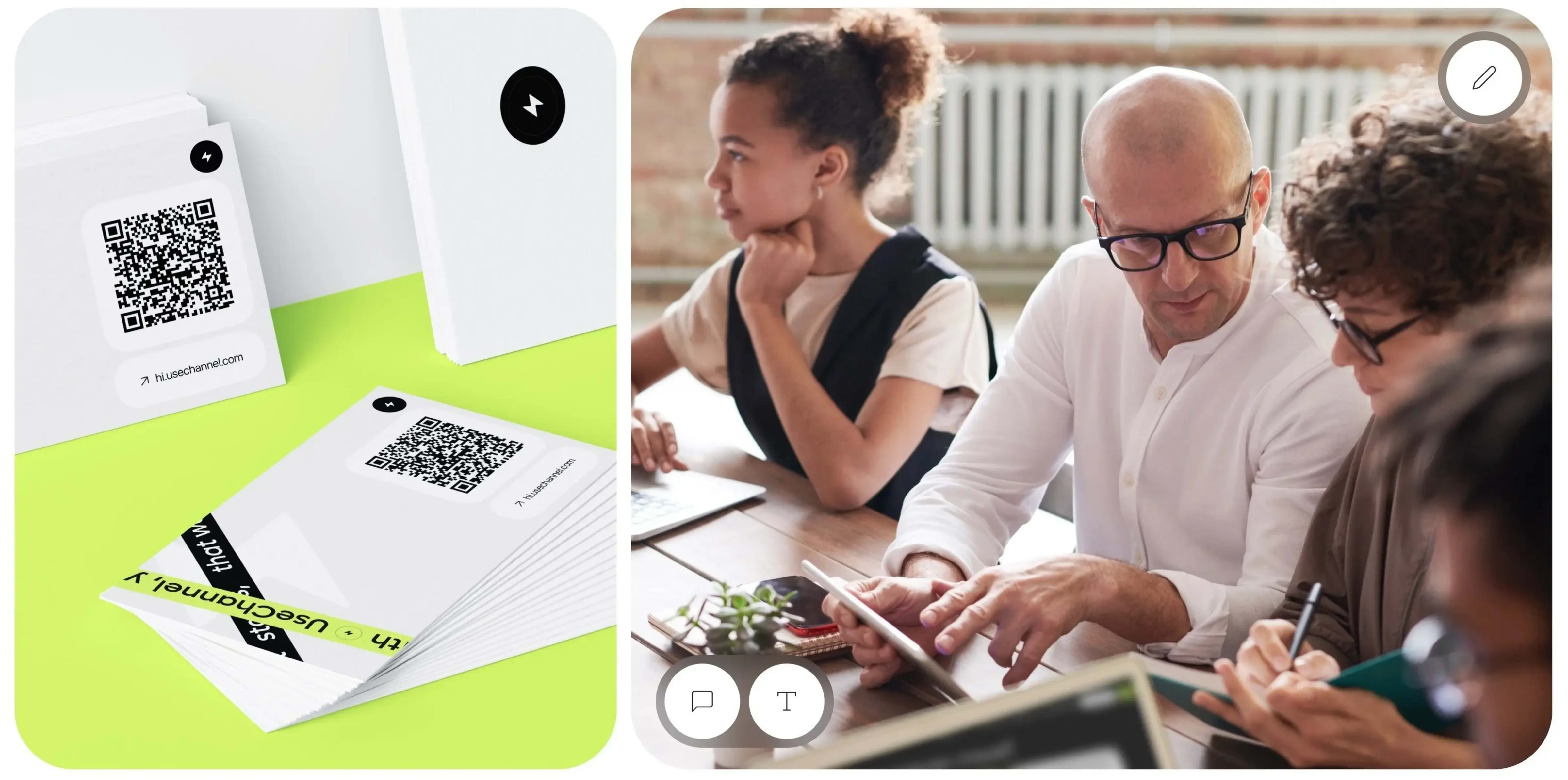 Concept design artwork featuring a person with glasses, UseChannel branding, and a QR code for the AI chatbot platform.