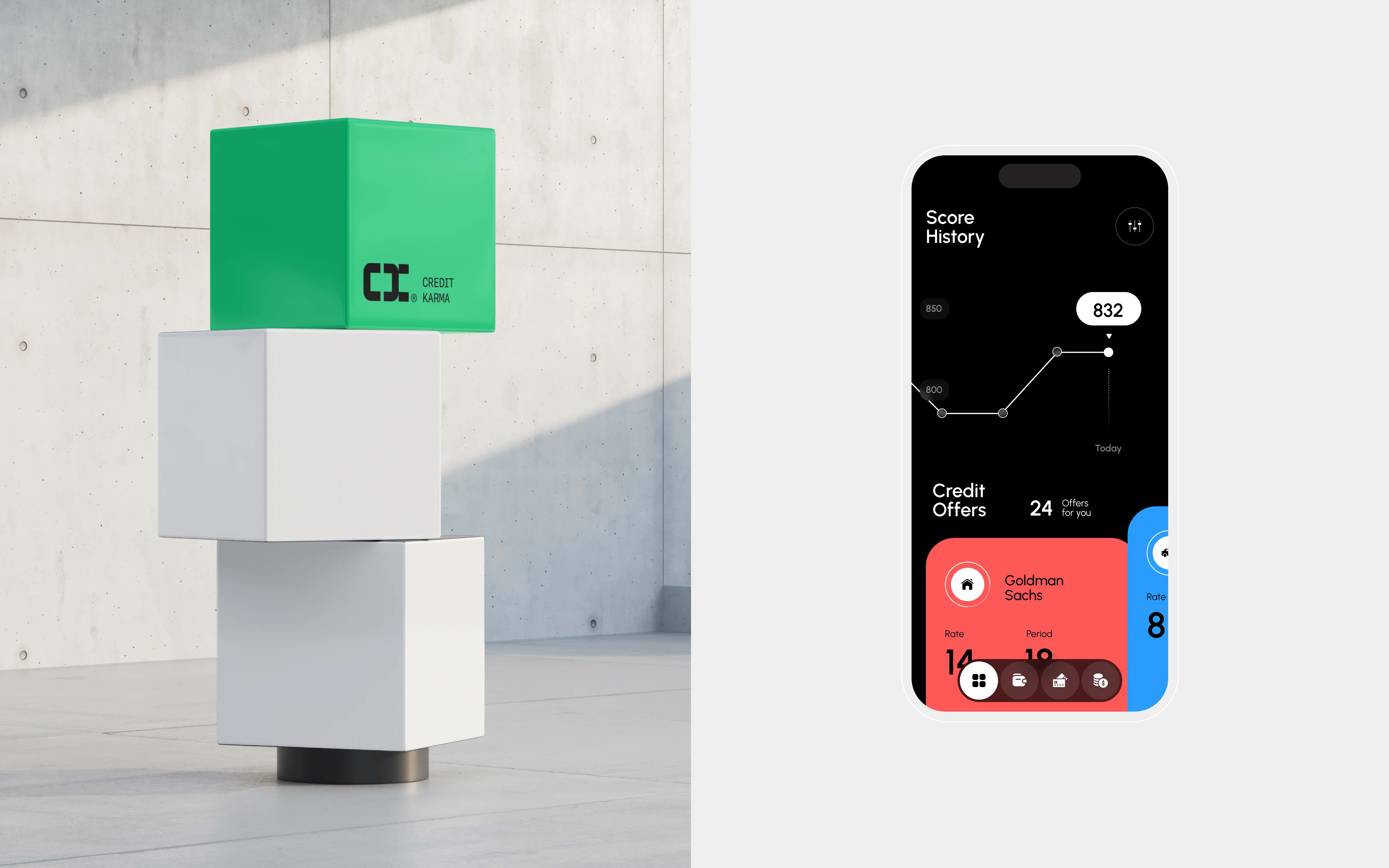 Screenshot of the Credit Karma platform interface on a phone, displaying credit scores and financial offers.