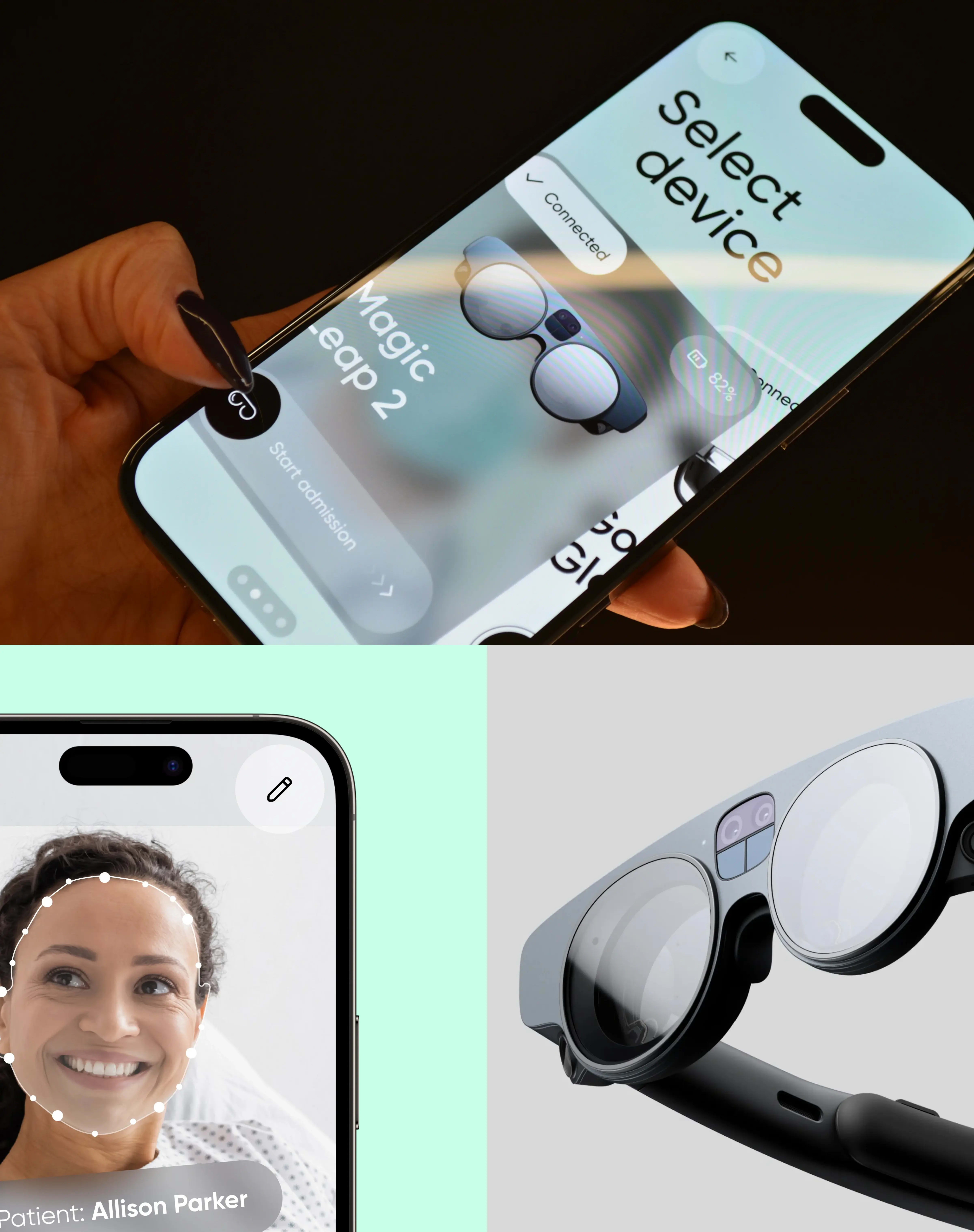 Screenshot of a healthcare mobile app displaying patient info and Magic Leap 2 connection status.
