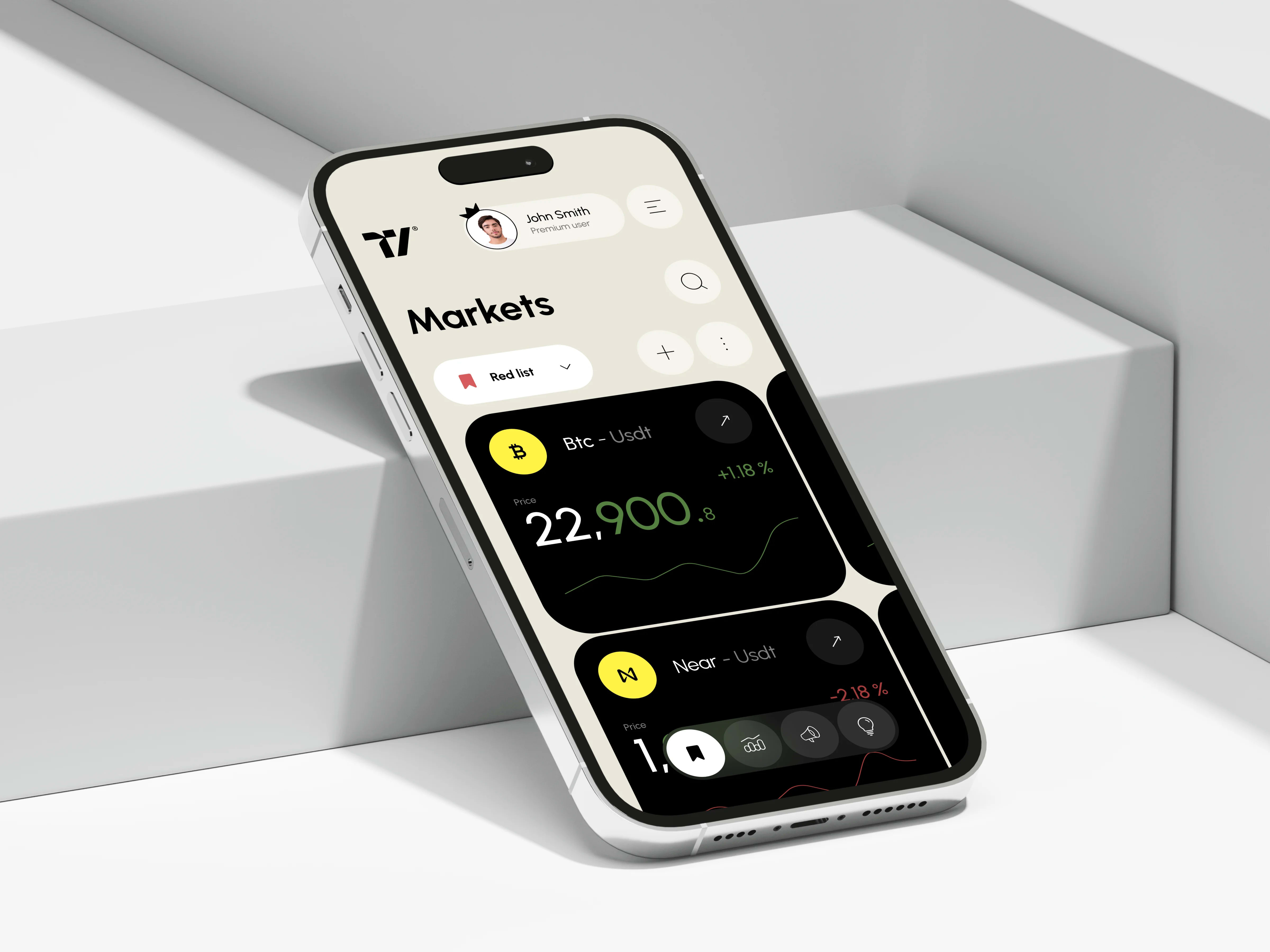Screenshot of a mobile trading platform interface on a phone, displaying cryptocurrency market data and user information.