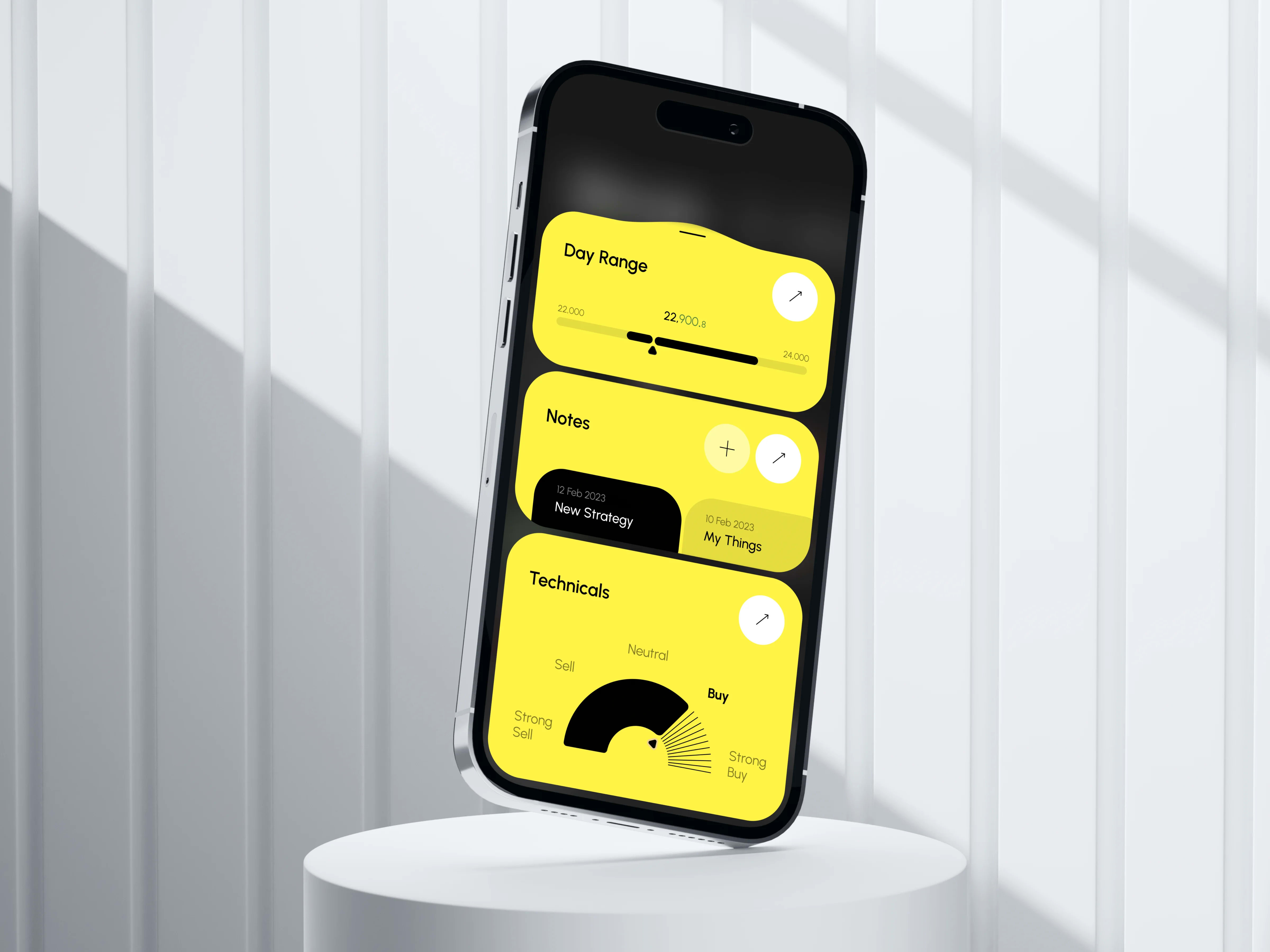 Screenshot of a mobile trading platform interface with market data, strategy notes, and dates.