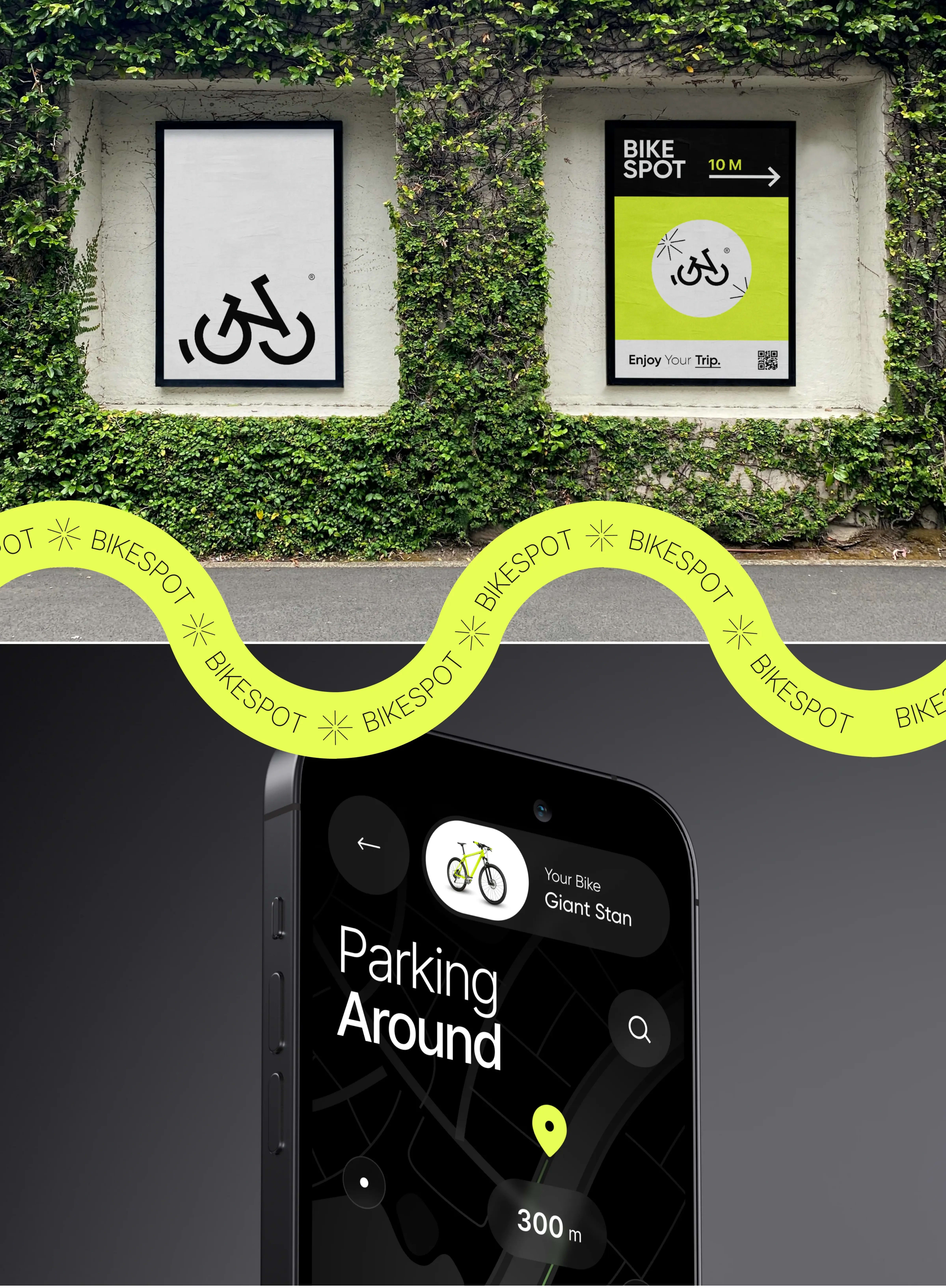 Mobile phone displaying the interface design of the BikeSpot app.