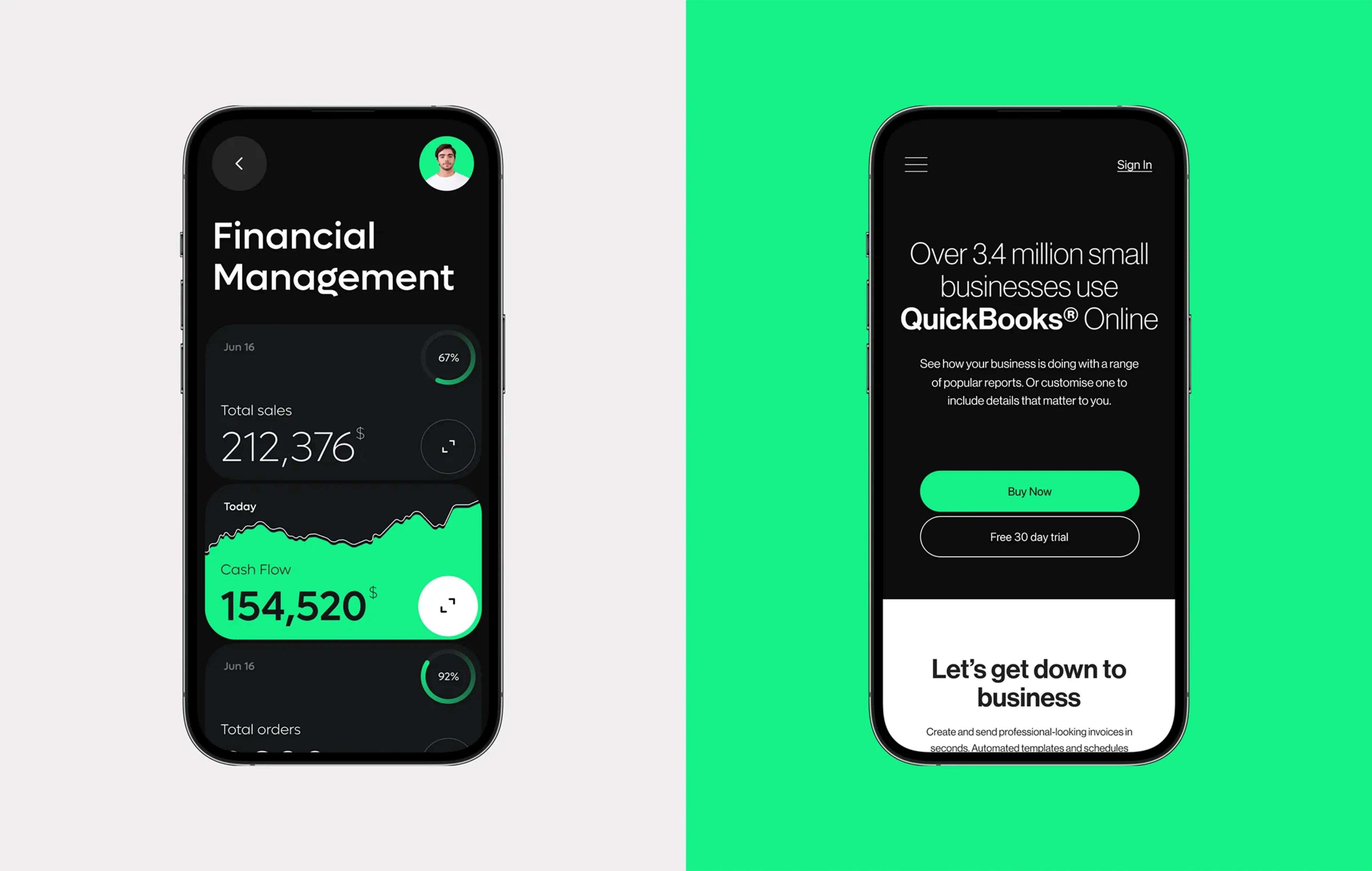 Screenshot of a mobile finance dashboard, relevant to QuickBooks or ERP services.