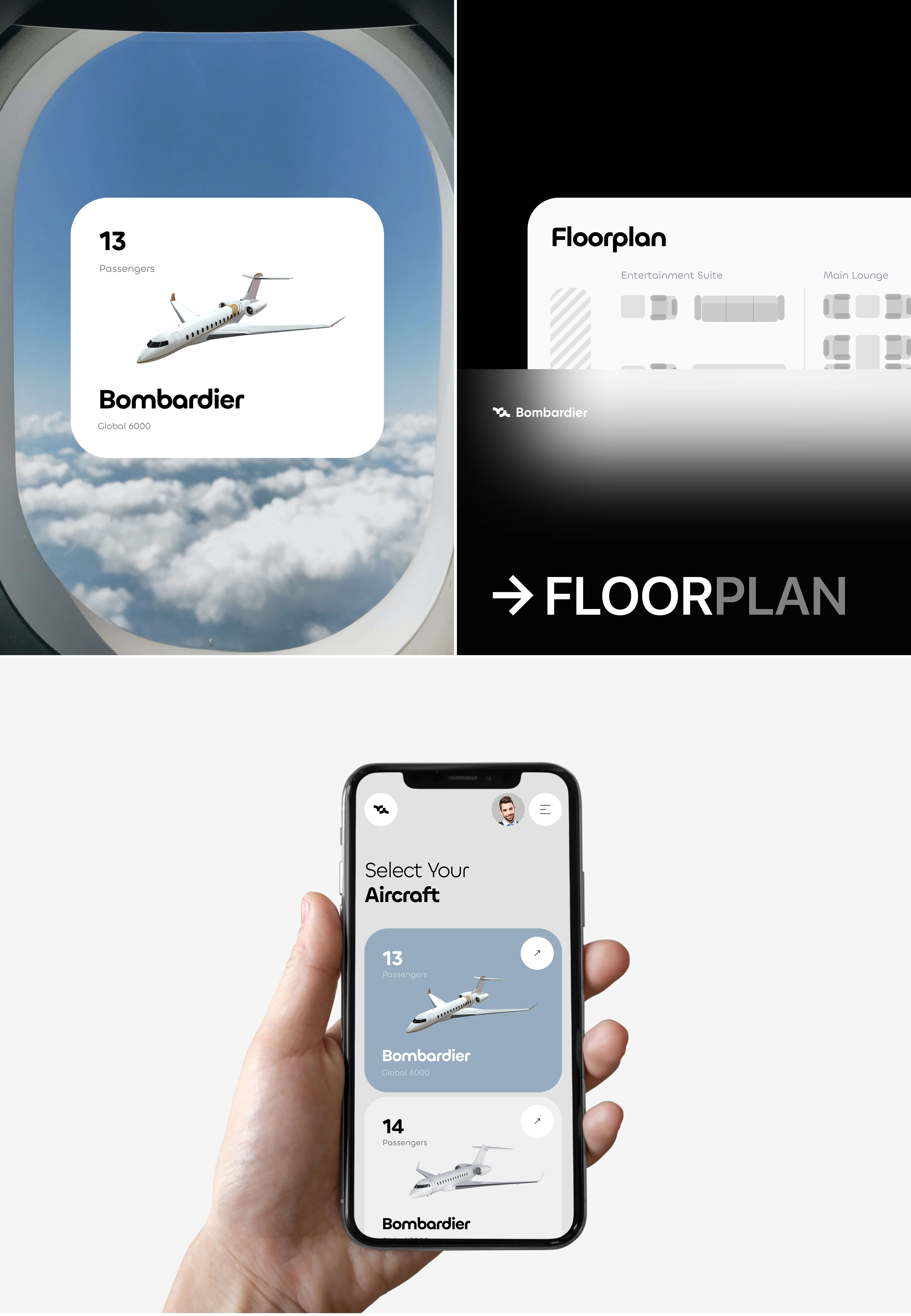 Screenshot of a mobile UI design for aviation services, featured in a Bombardier case study.