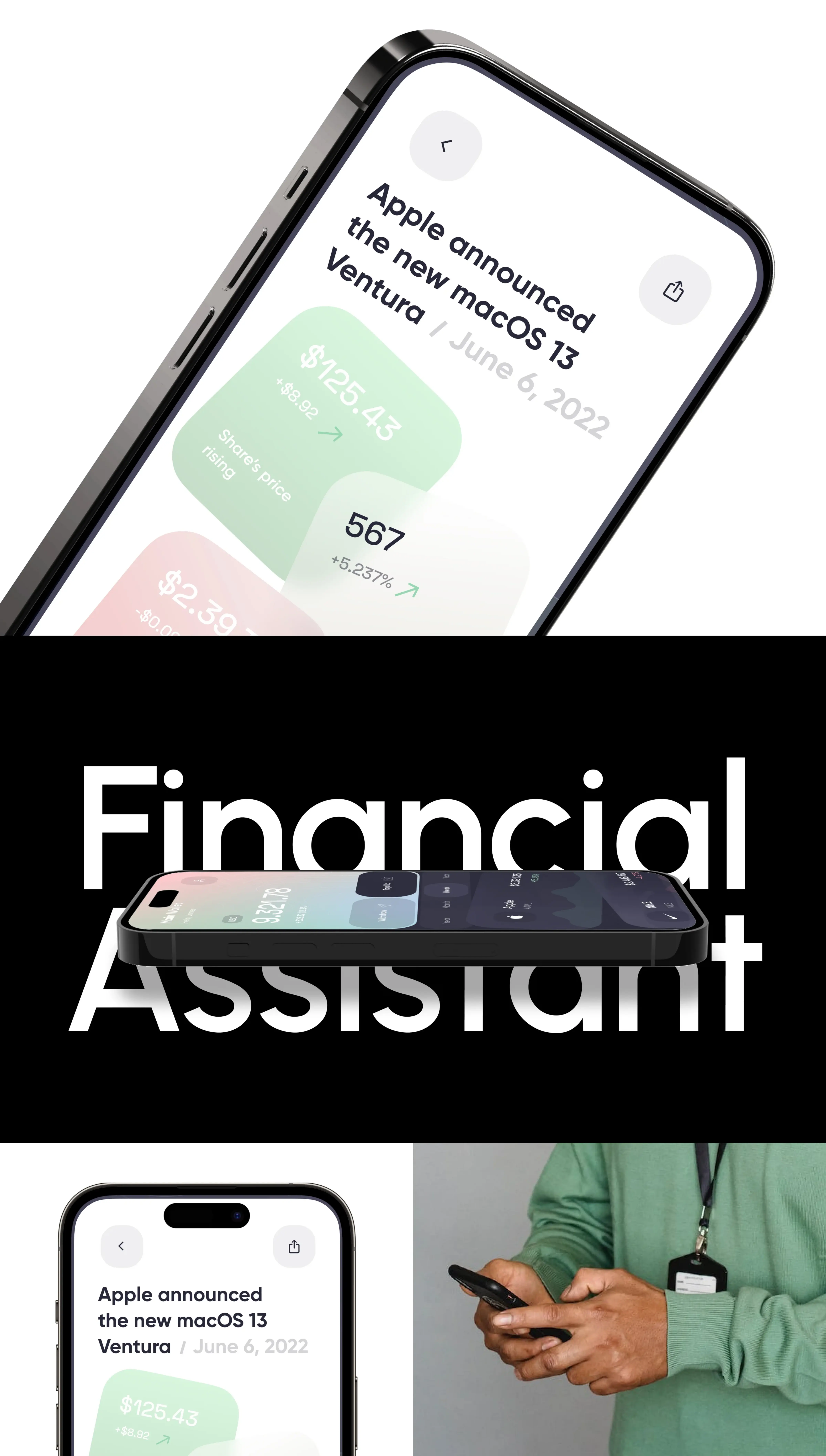 Person holding a mobile phone displaying a financial assistant app for securities.