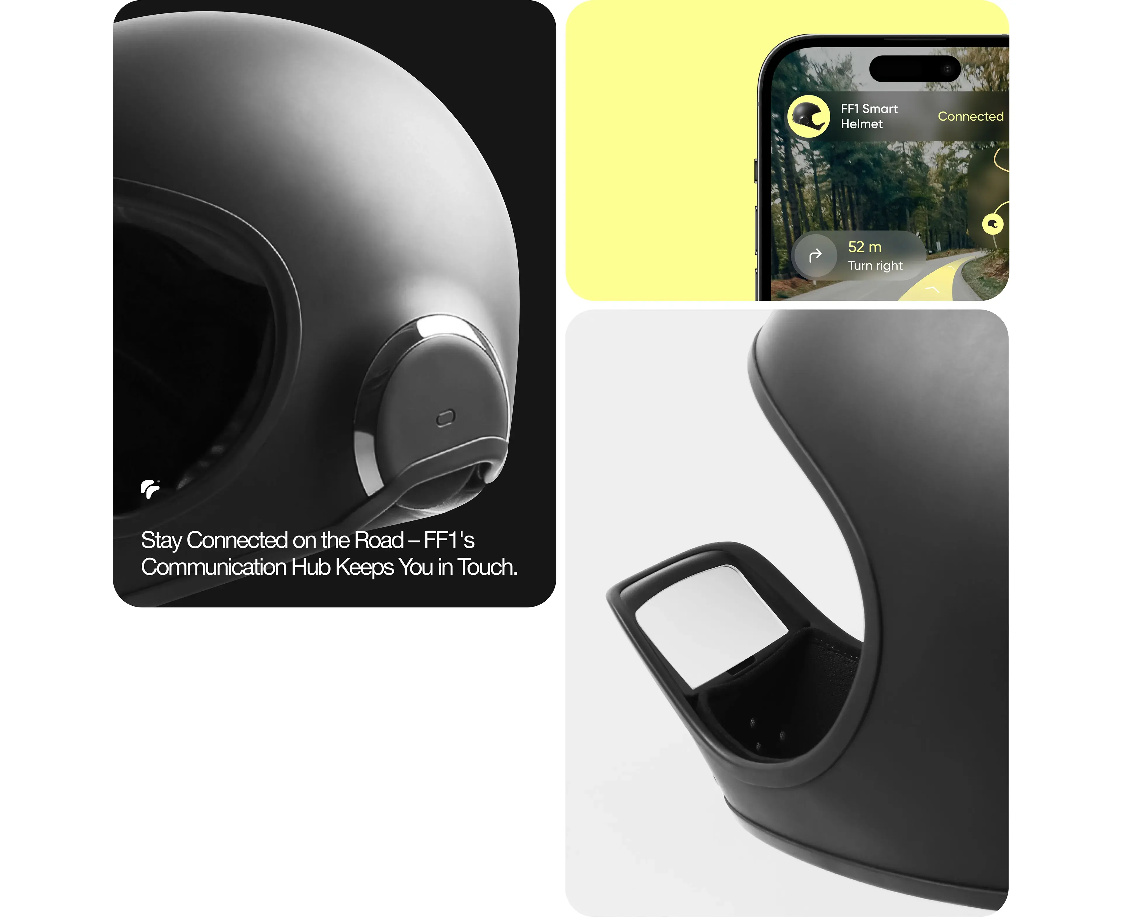Smartphone screen showing connectivity for an FF1 Smart Helmet communication hub for staying connected on the road.