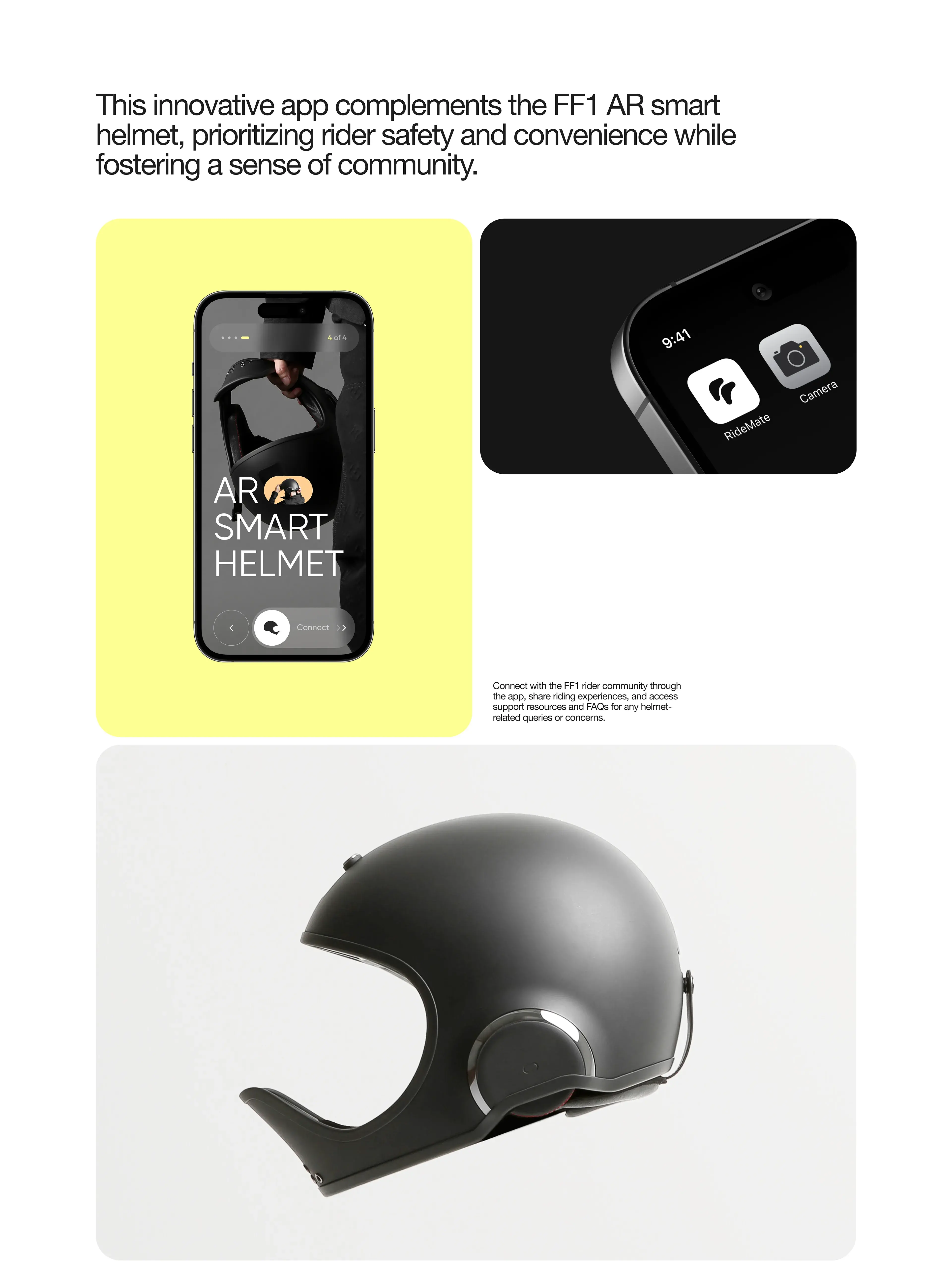 Screenshot of the ridemate mobile app interface on a phone next to a motorcycle helmet.