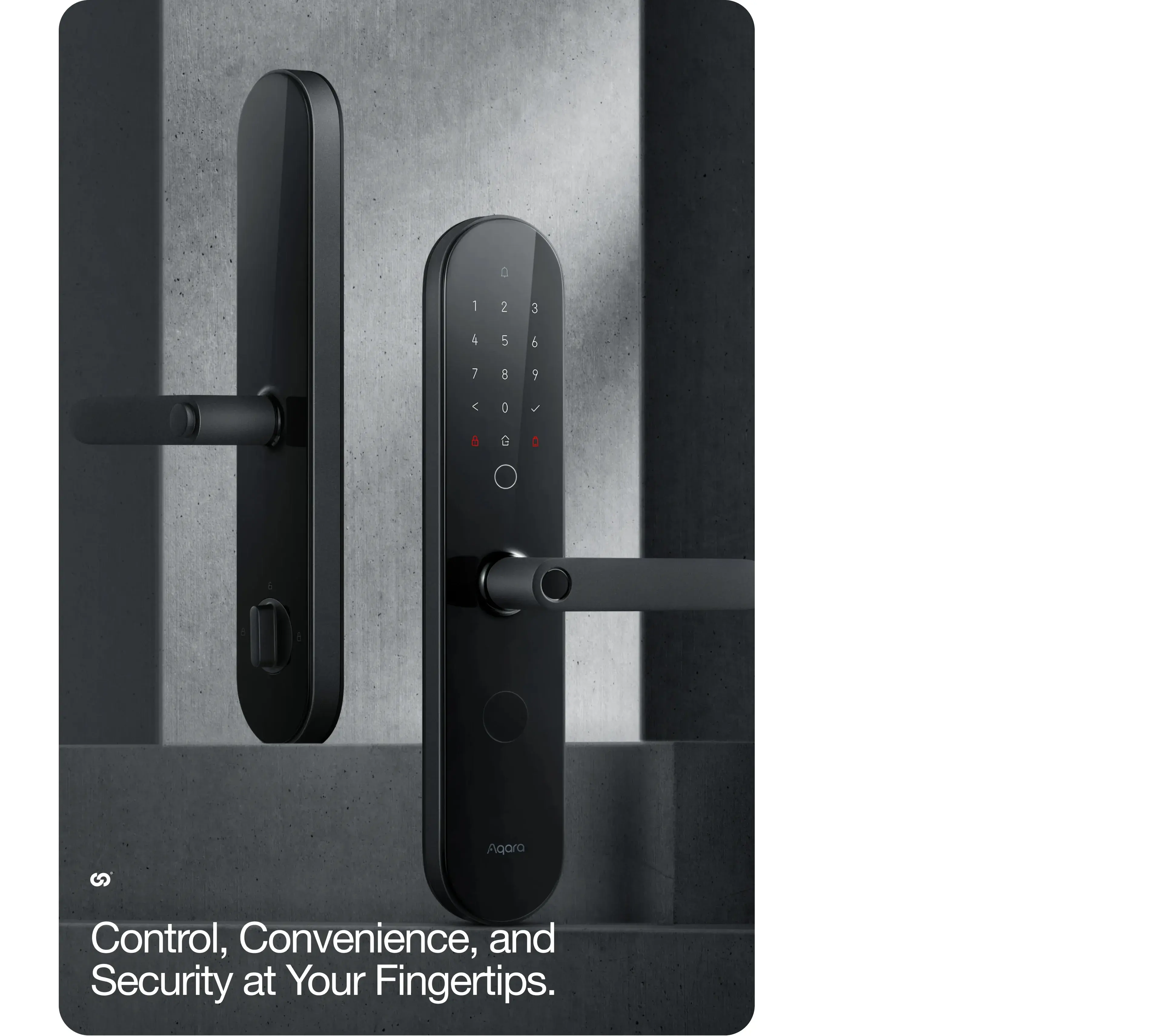 Screenshot of the Aqara smart lock mobile app interface, emphasizing control, convenience, and security.