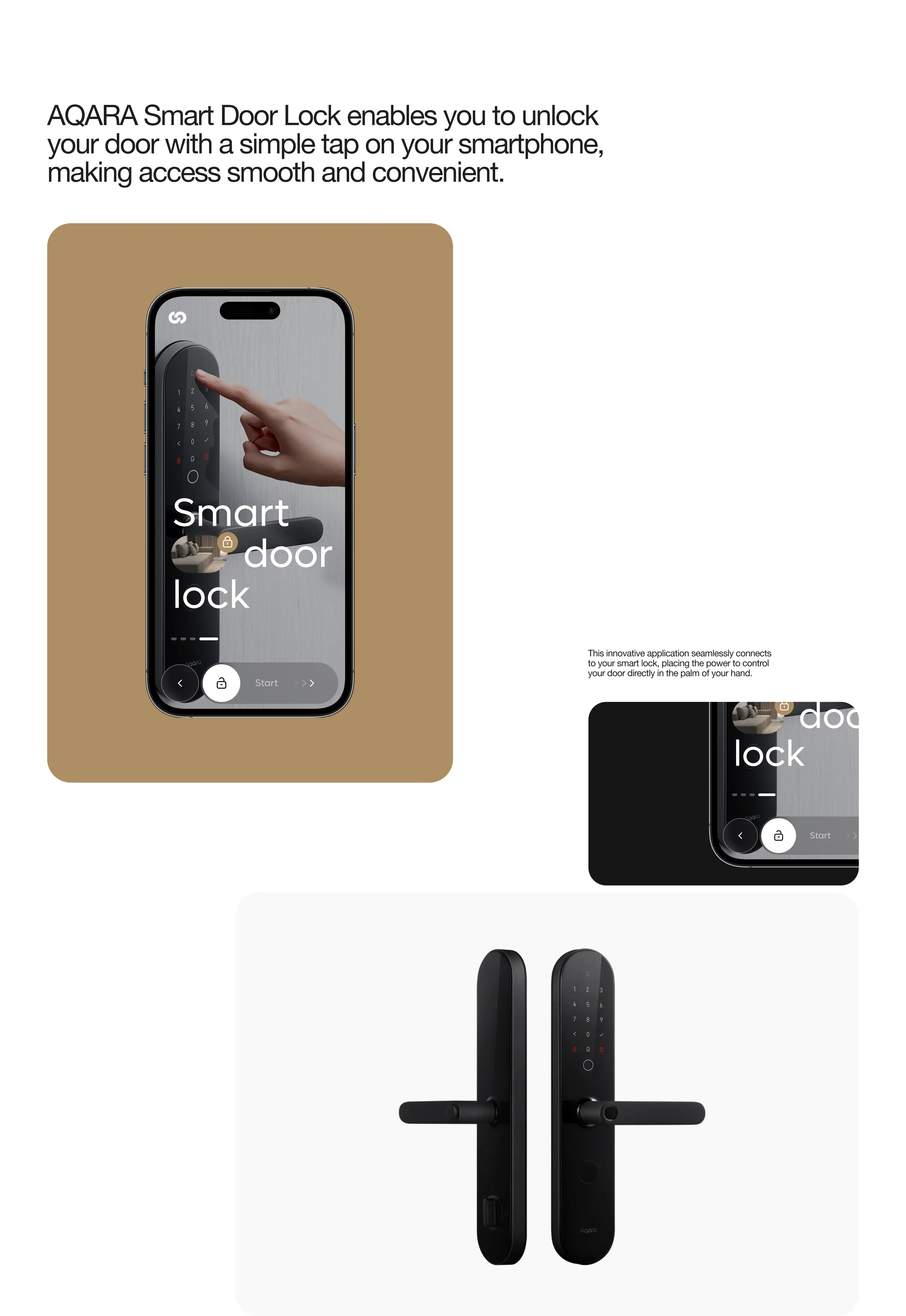 iPhone screen displaying a smart lock app next to a door handle, showing smart home UX/UI design.