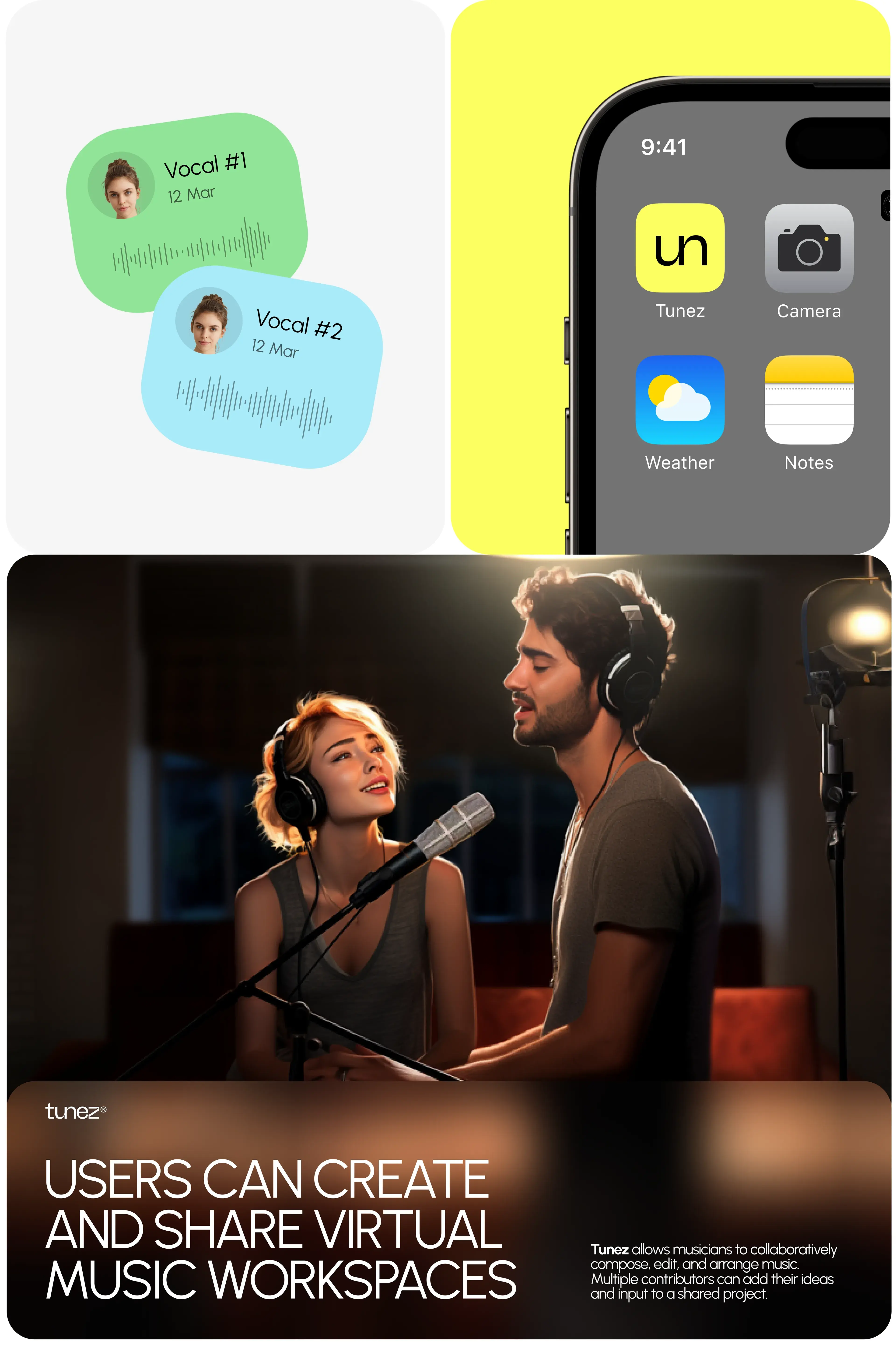 Promotional screenshot of the together-music-maker mobile app showing a happy user.