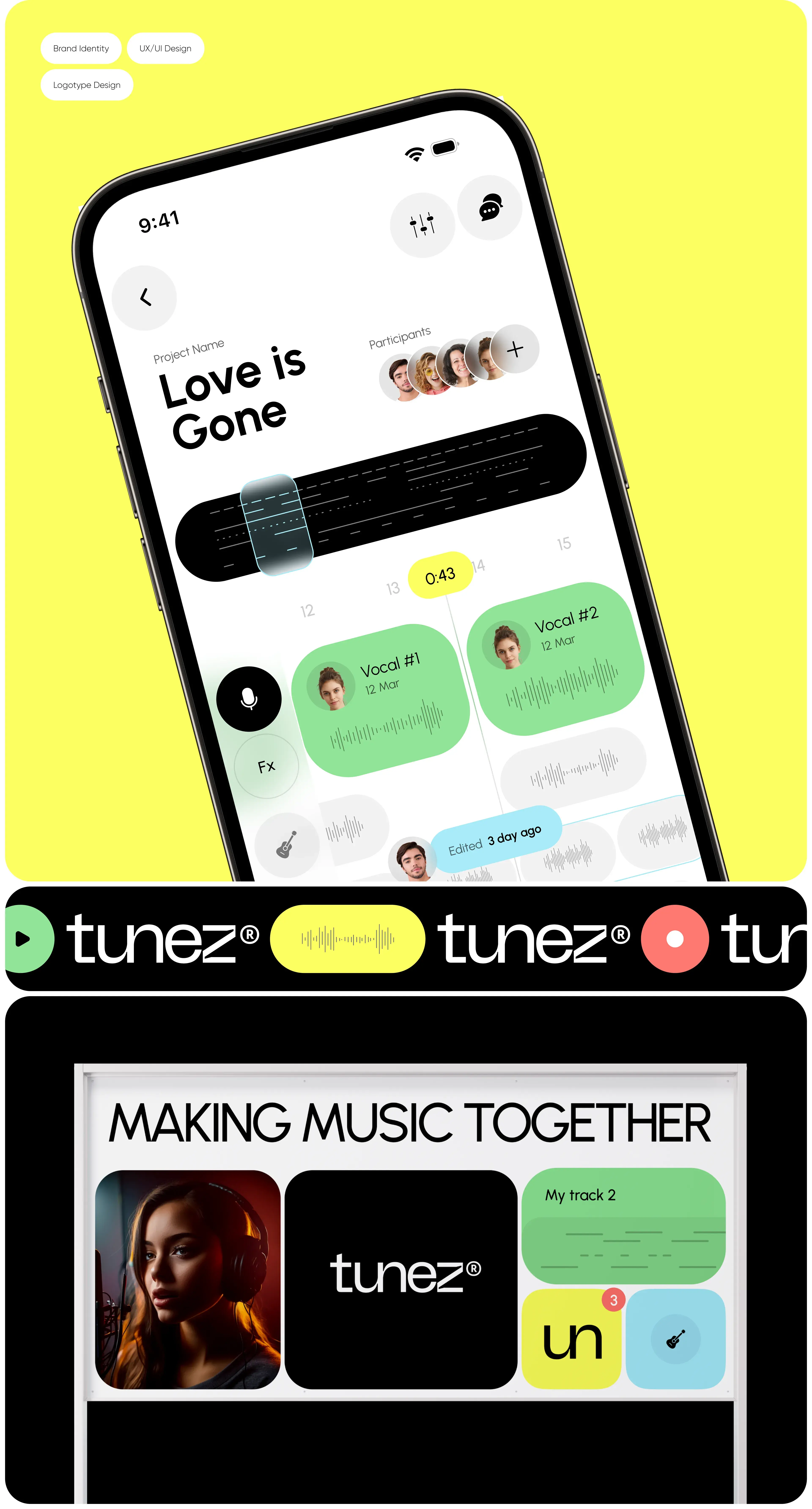 Screenshot of a person using the together-music-maker mobile app on a gadget, highlighting its design and branding.