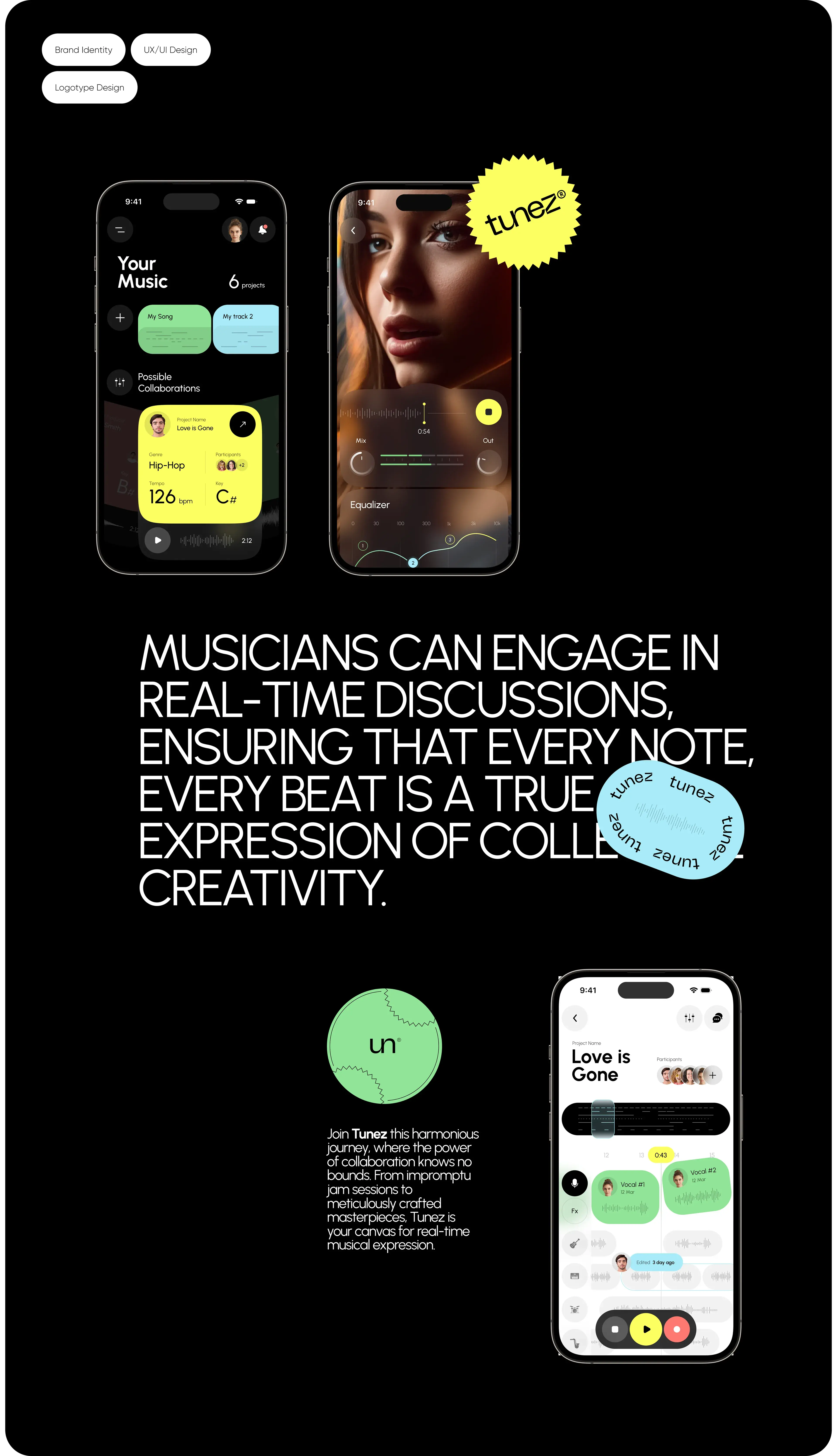Screenshot of the together-music-maker mobile app interface on an iPhone, illustrating branding and features.