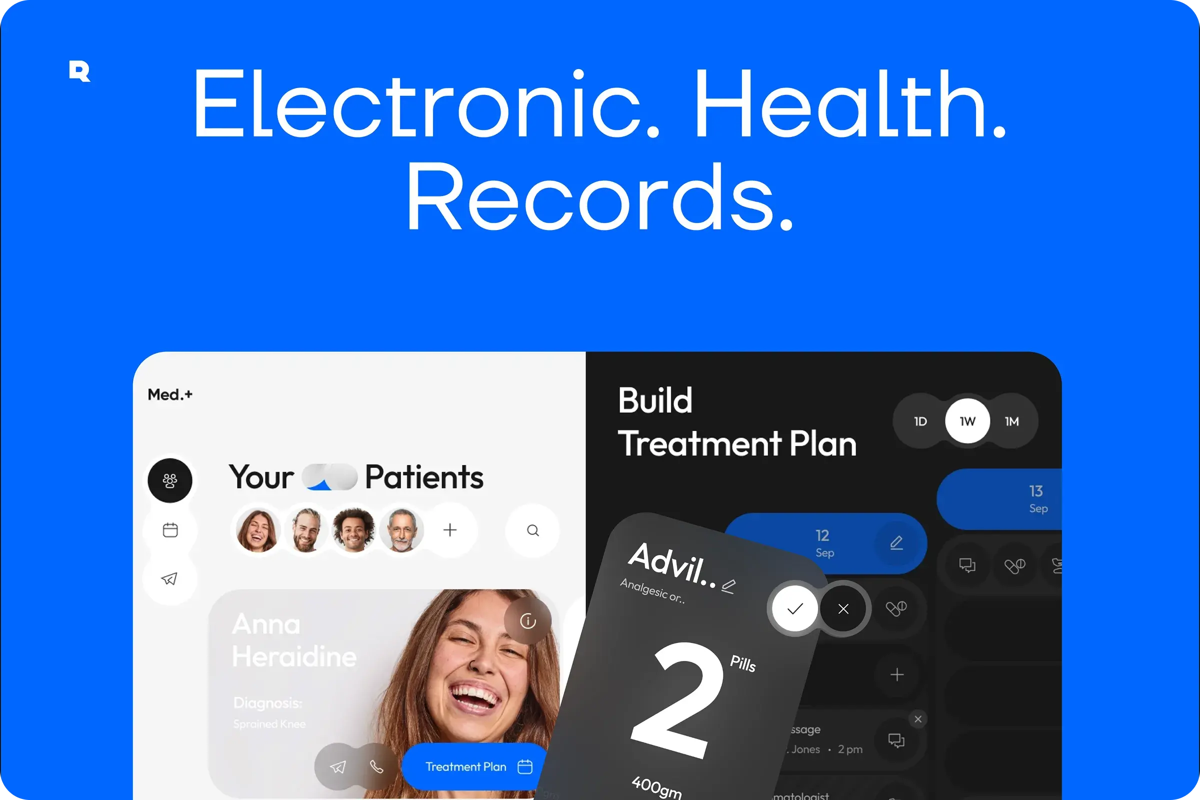Mobile healthcare UI design showing patient diagnosis and treatment details.