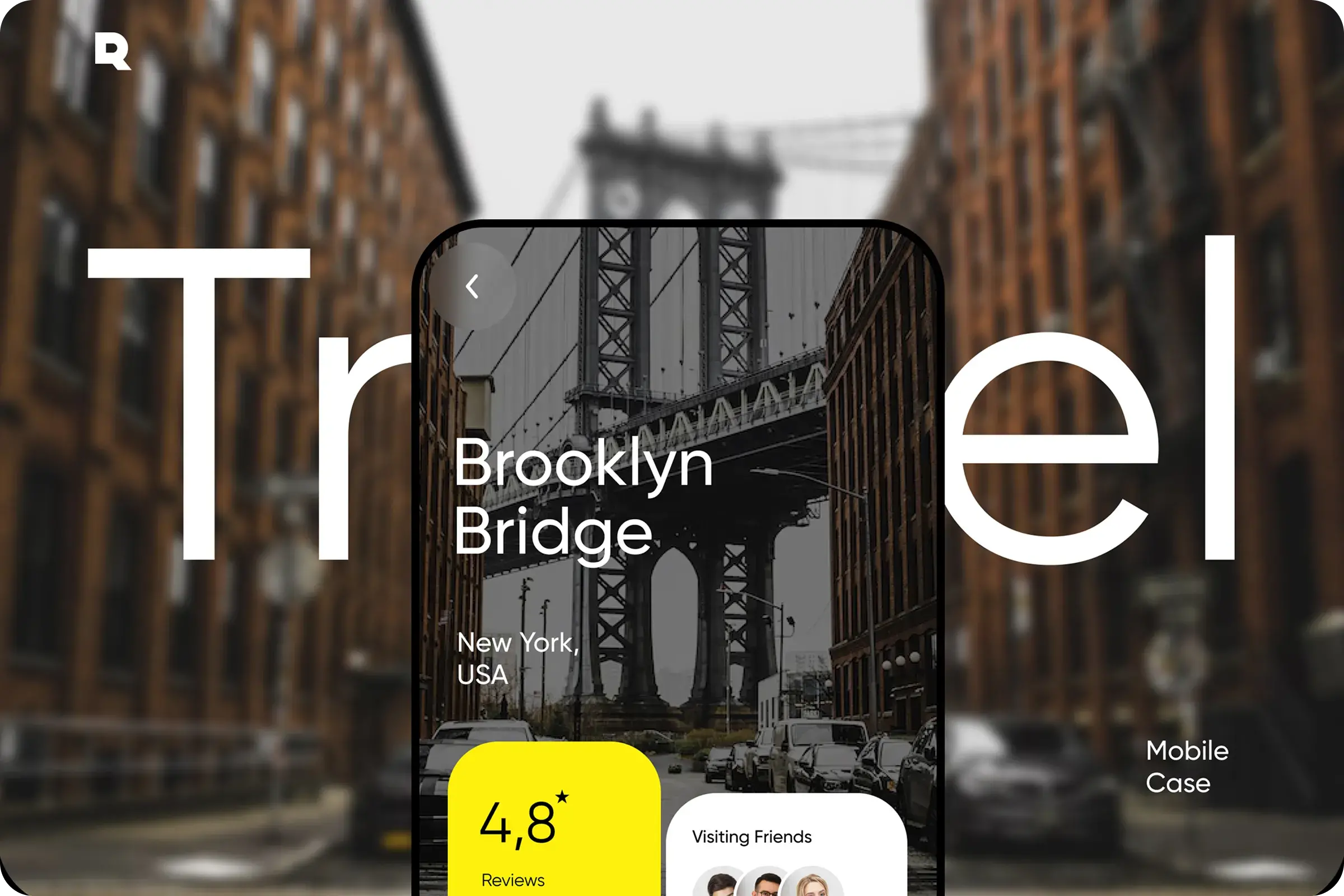 Screenshot of a travel app screen featuring New York and the Brooklyn Bridge, with text '4.8* Reviews Visiting Friends'.