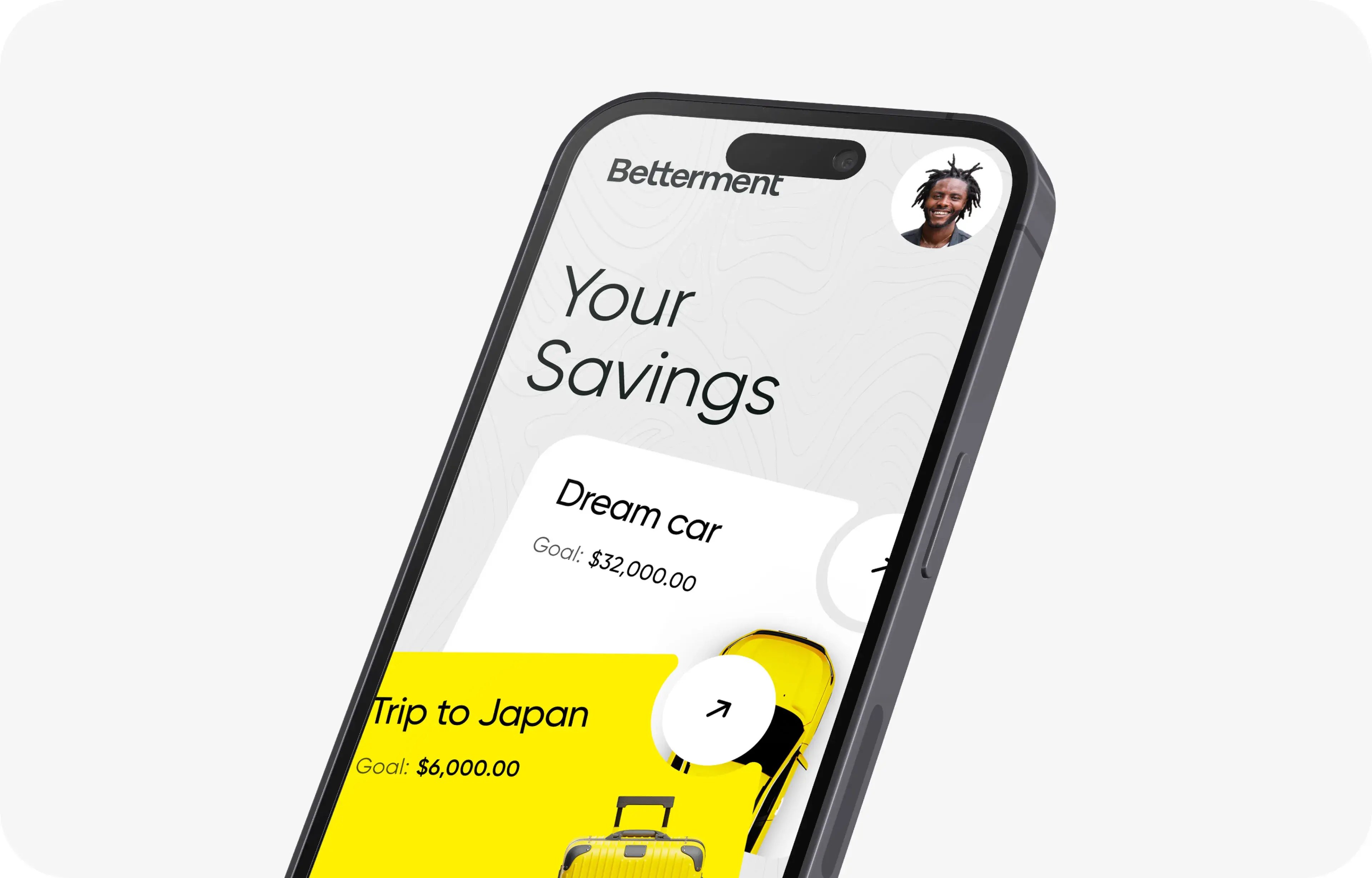 Mobile app screenshot displaying a savings goal interface with progress (e.g., 'Trip to Japan Goal').