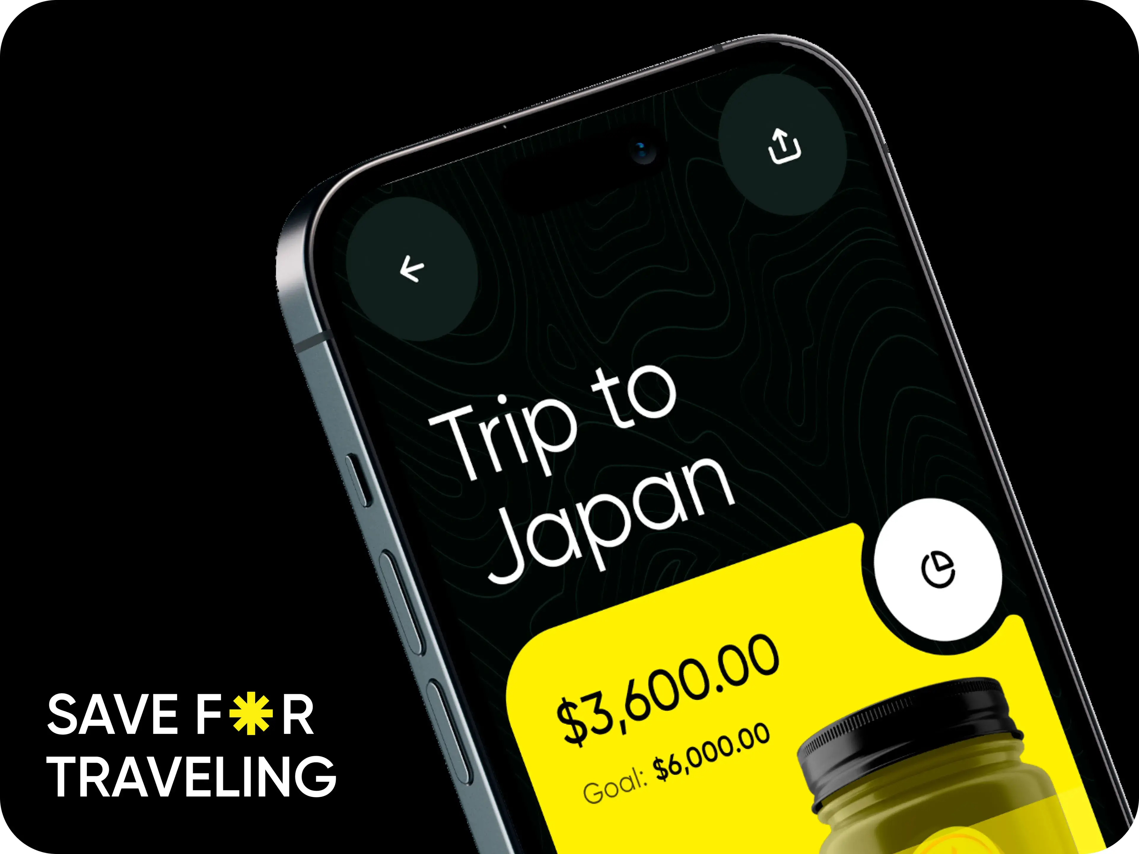 creenshot of a finance app's goal tracking feature, showing progress on a $6,000 trip to Japan.