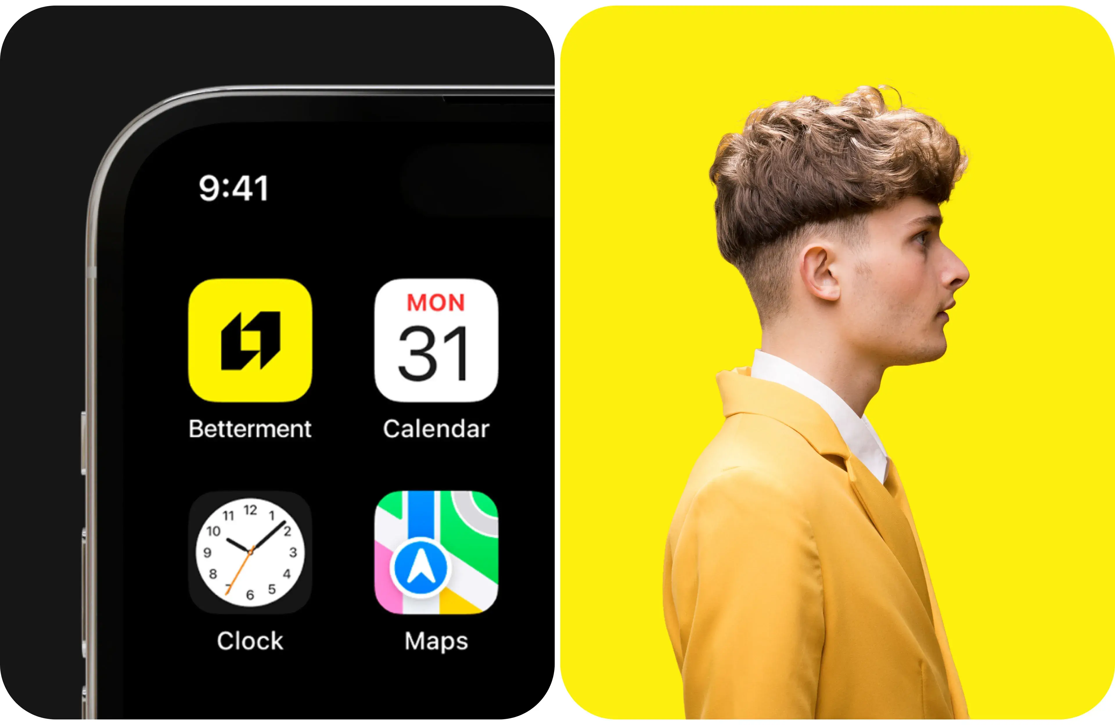 A person holds a mobile device displaying the Betterment finance app interface.
