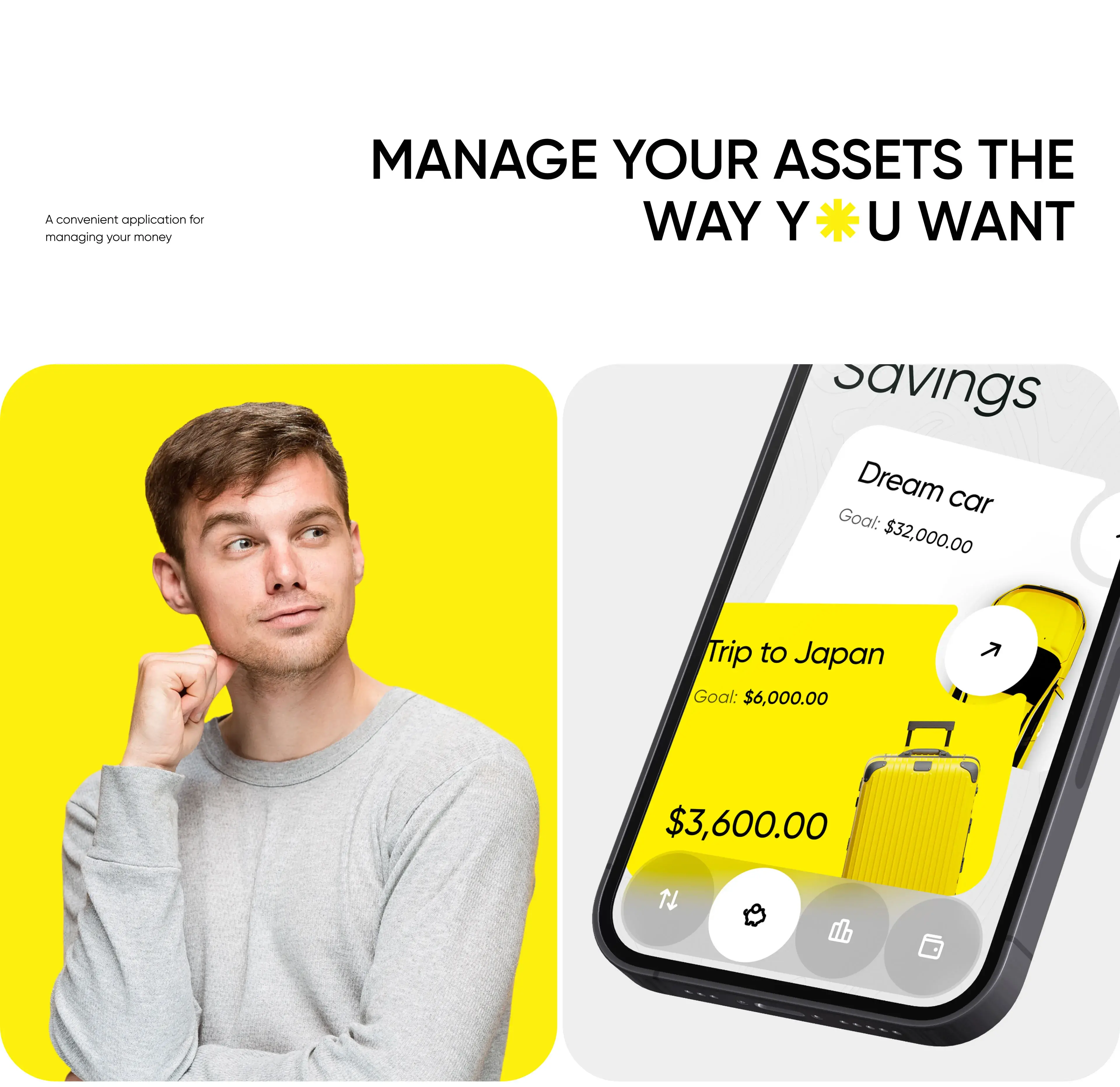Person with smartphone and luggage using a finance app.