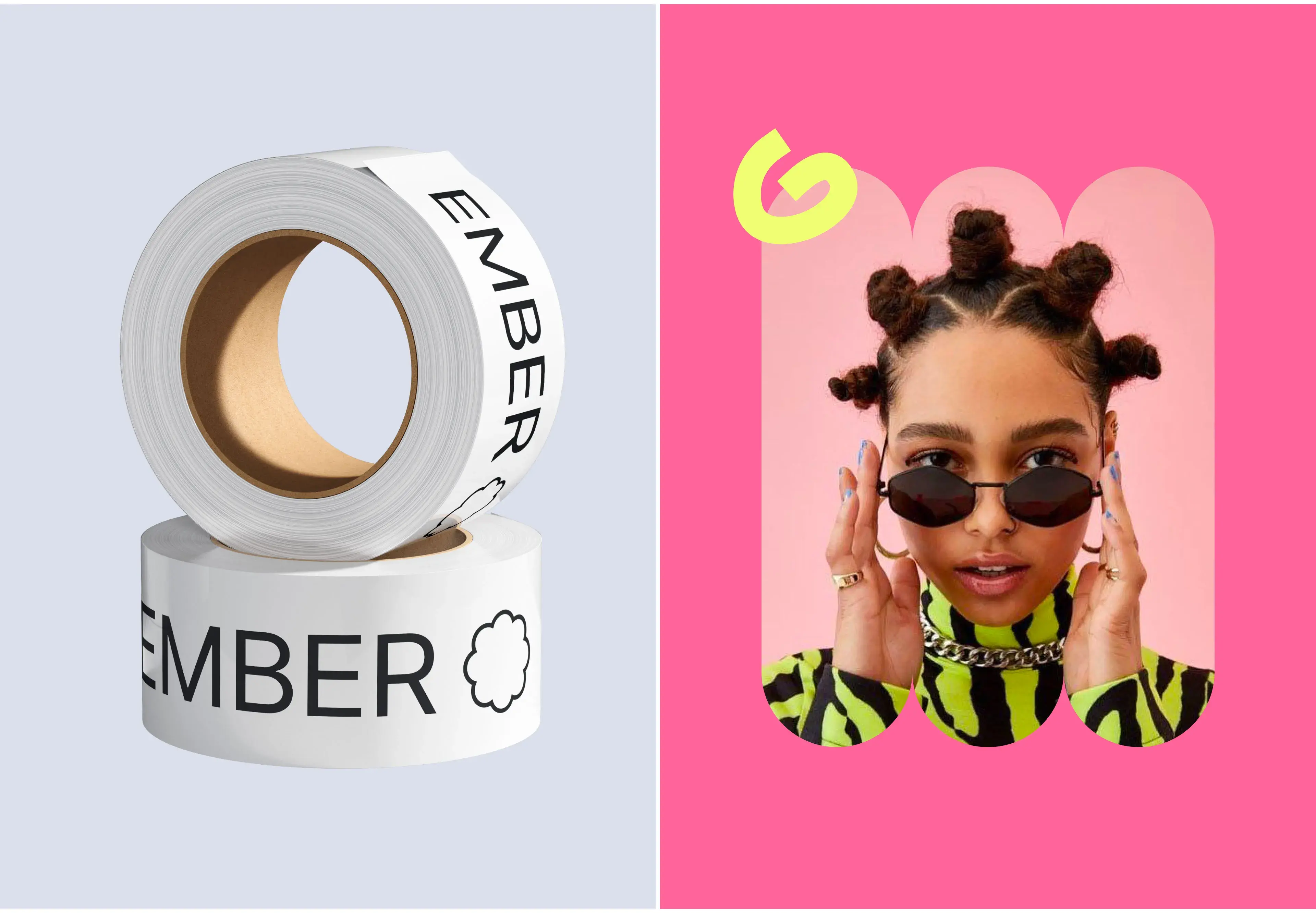 Graphic for the EMBER app case study: Person with hair buns, sunglasses, and the "EMBER" label.