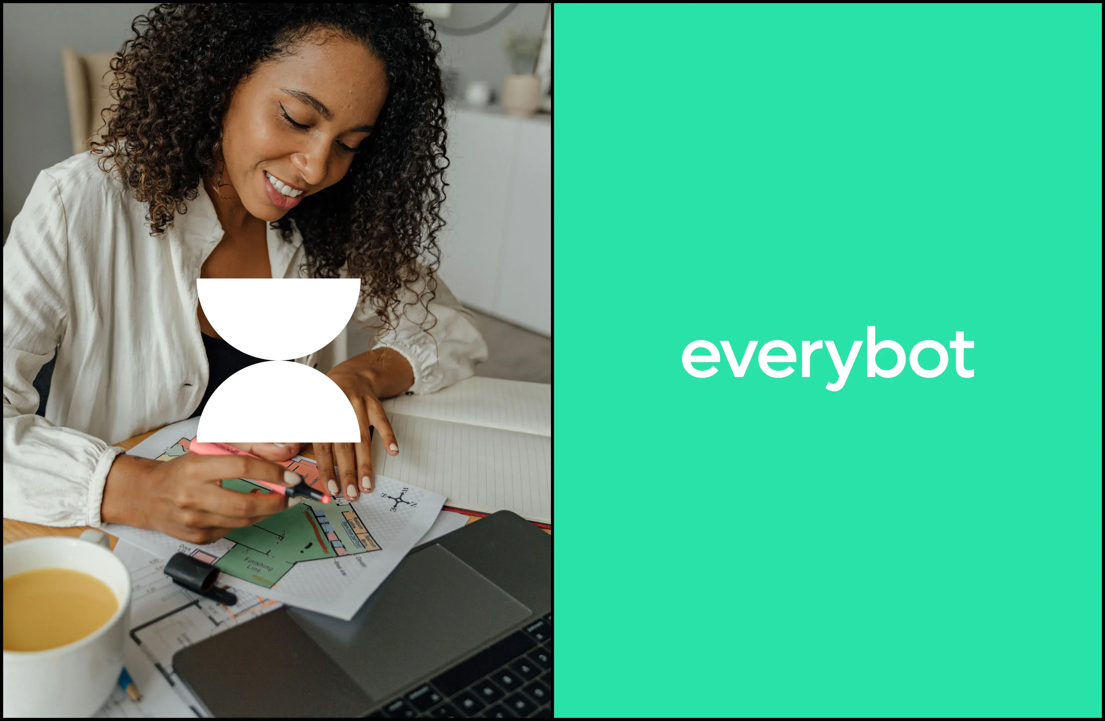 Woman working on a laptop displaying 'everybot' text, related to the app's UX/UI design case study.