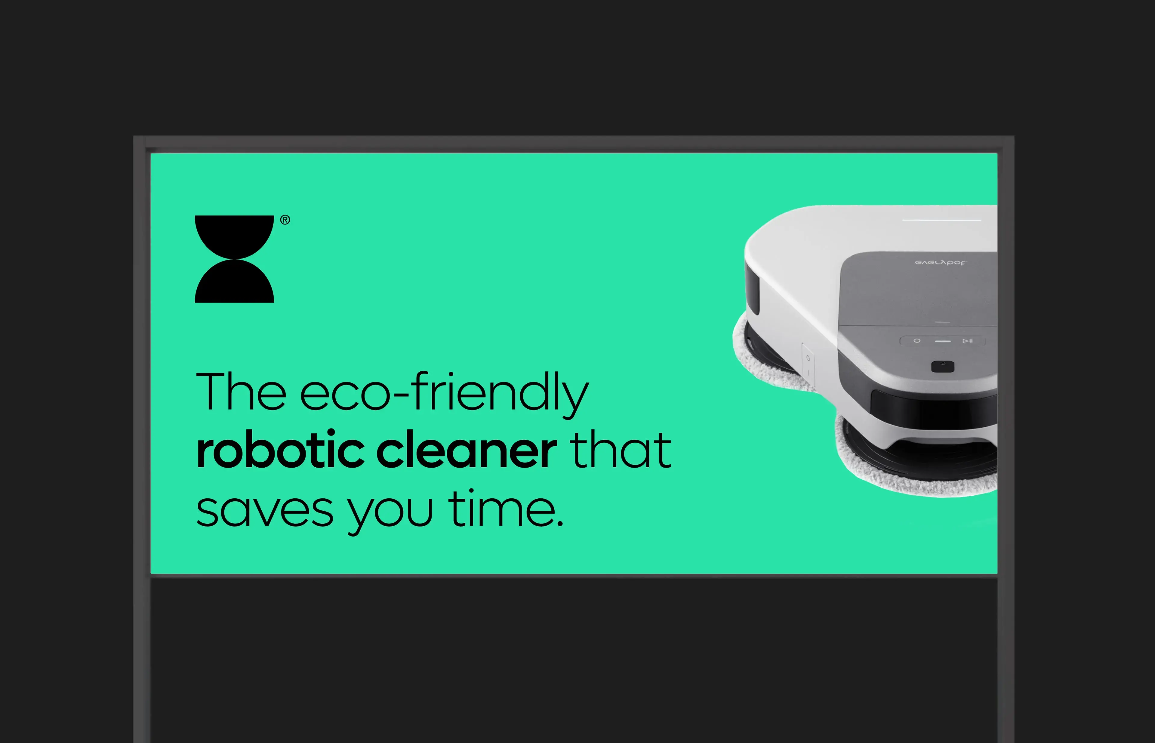 Graphic promoting the everybot robotic cleaner and its mobile app, highlighting the slogan 'The eco-friendly robotic cleaner that saves you time.'.