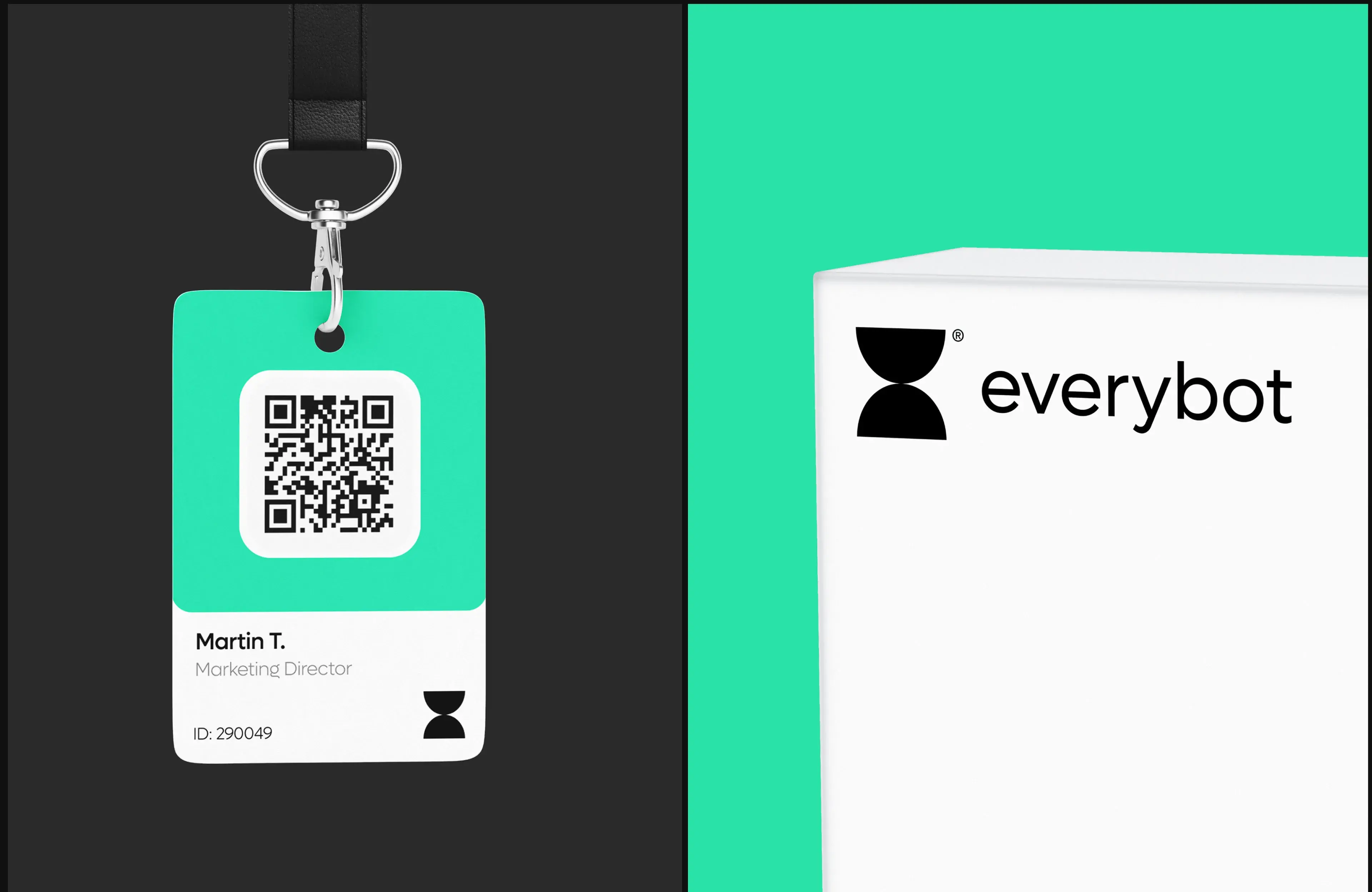Everybot app graphic design element for a user profile, including name, title, ID, and a barcode.