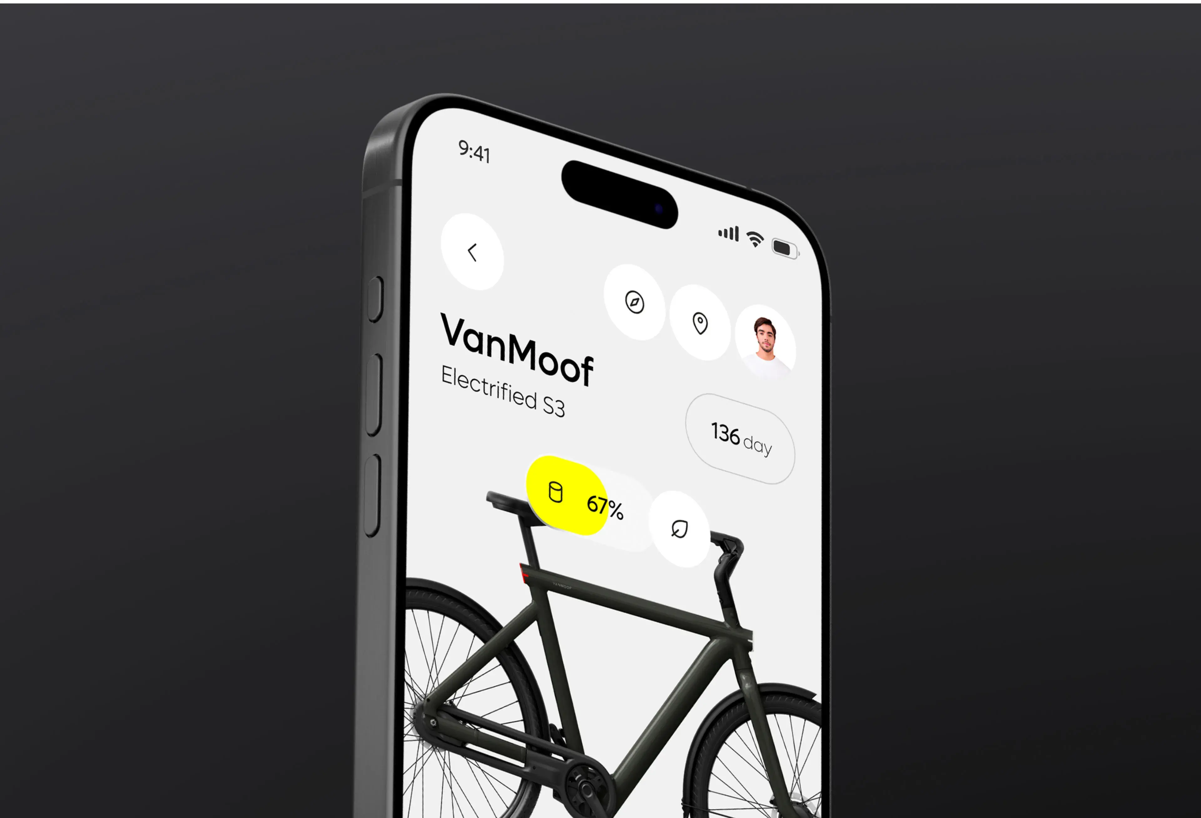 Smartphone displaying the VanMoof mobile app interface for the Electrified S3 bike.