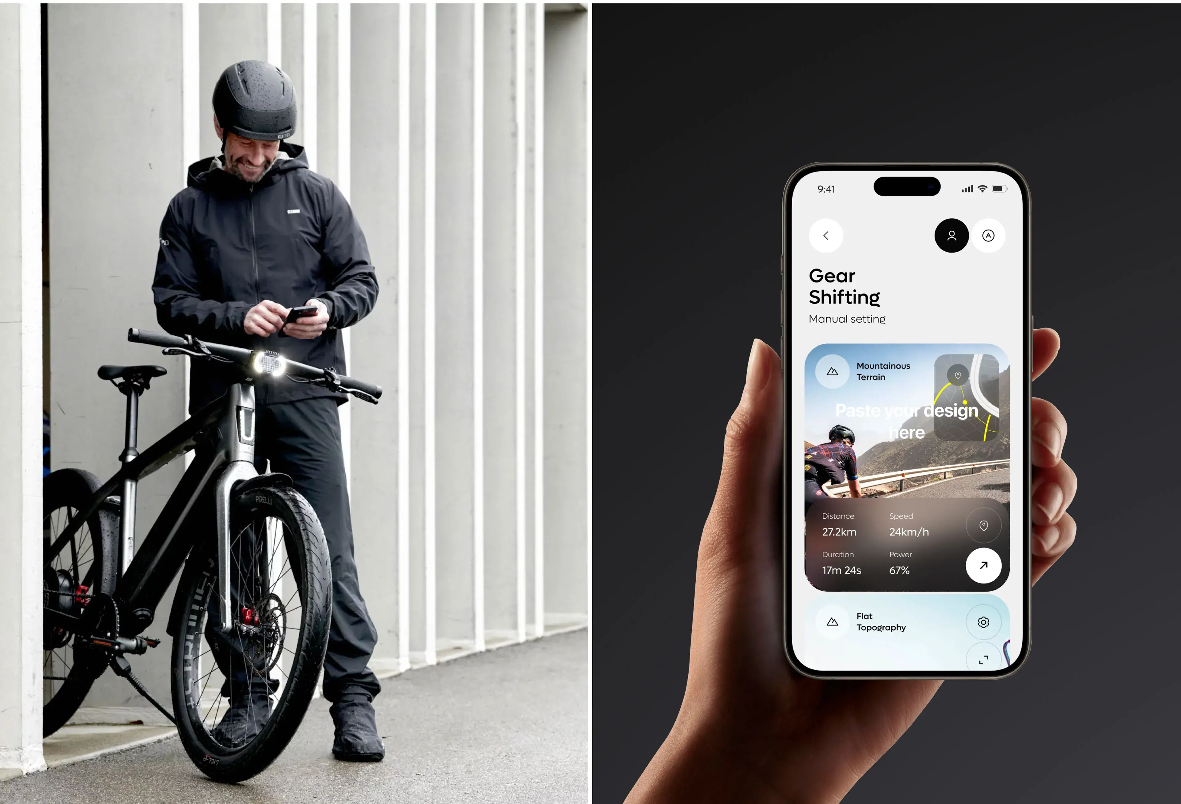 Person holding a phone showing the VanMoof app near a VanMoof electric bike.