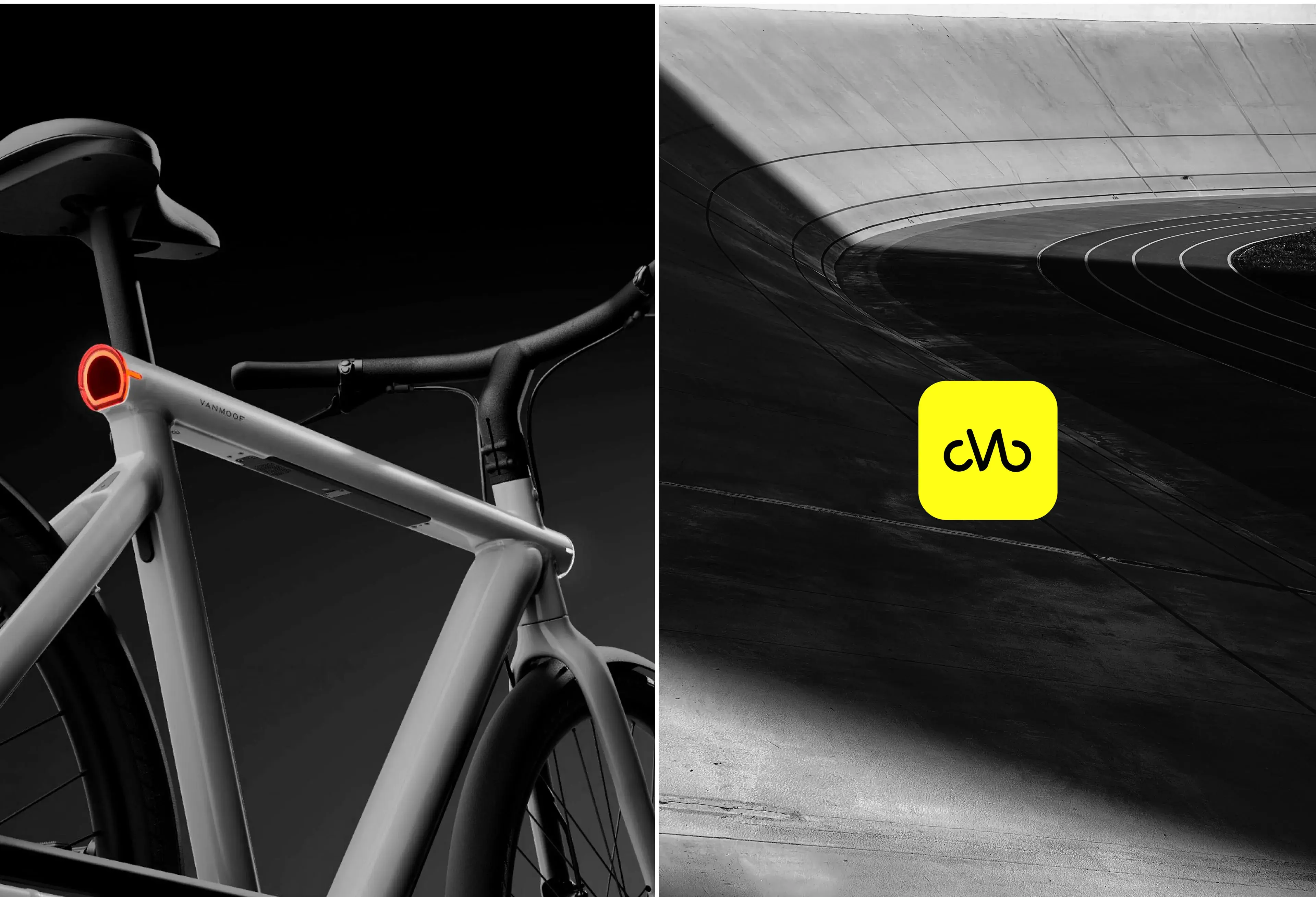 Detail view of a sleek VanMoof bicycle, highlighting its design.