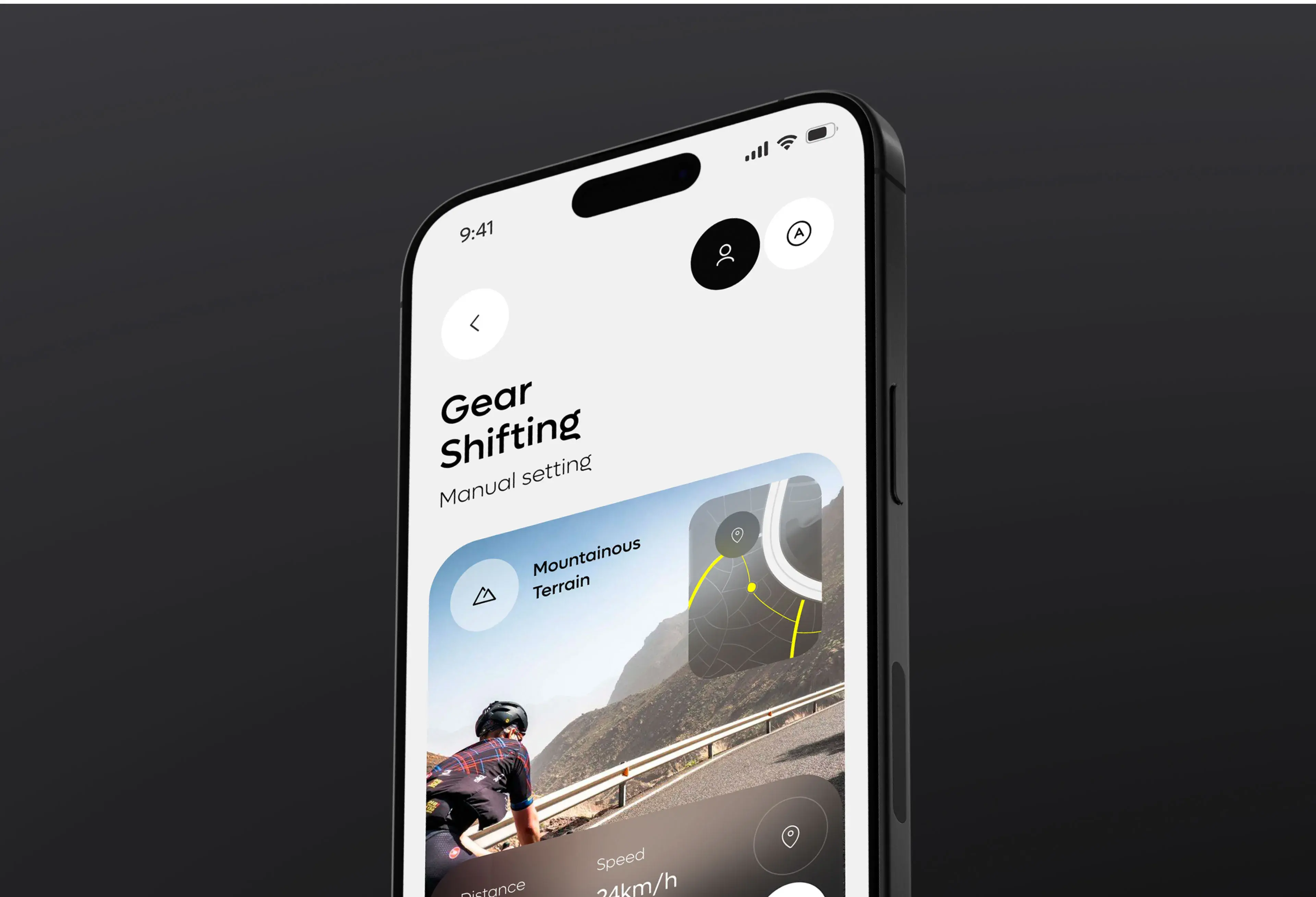 VanMoof mobile app screenshot: Bike UI with gear, speed, and terrain settings.