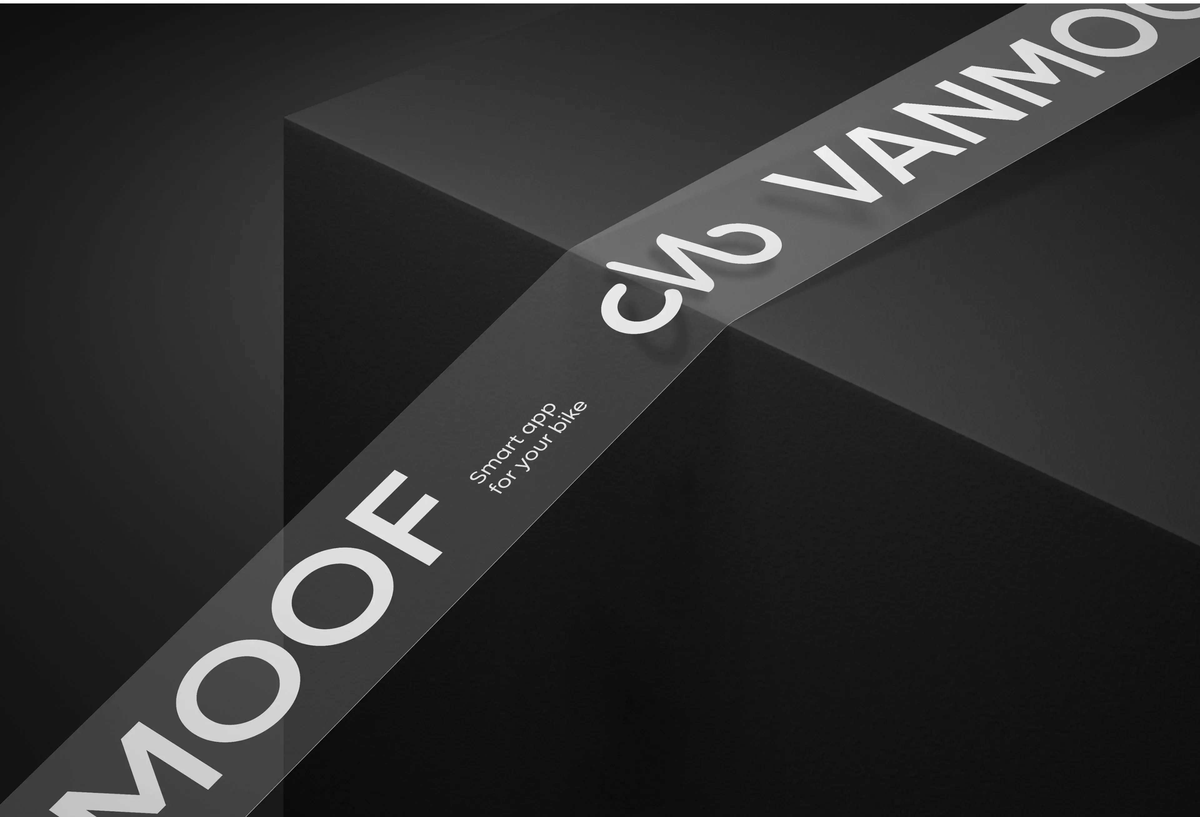Monochrome graphic with VanMoof branding and text "MOOF for your bike Smart app".