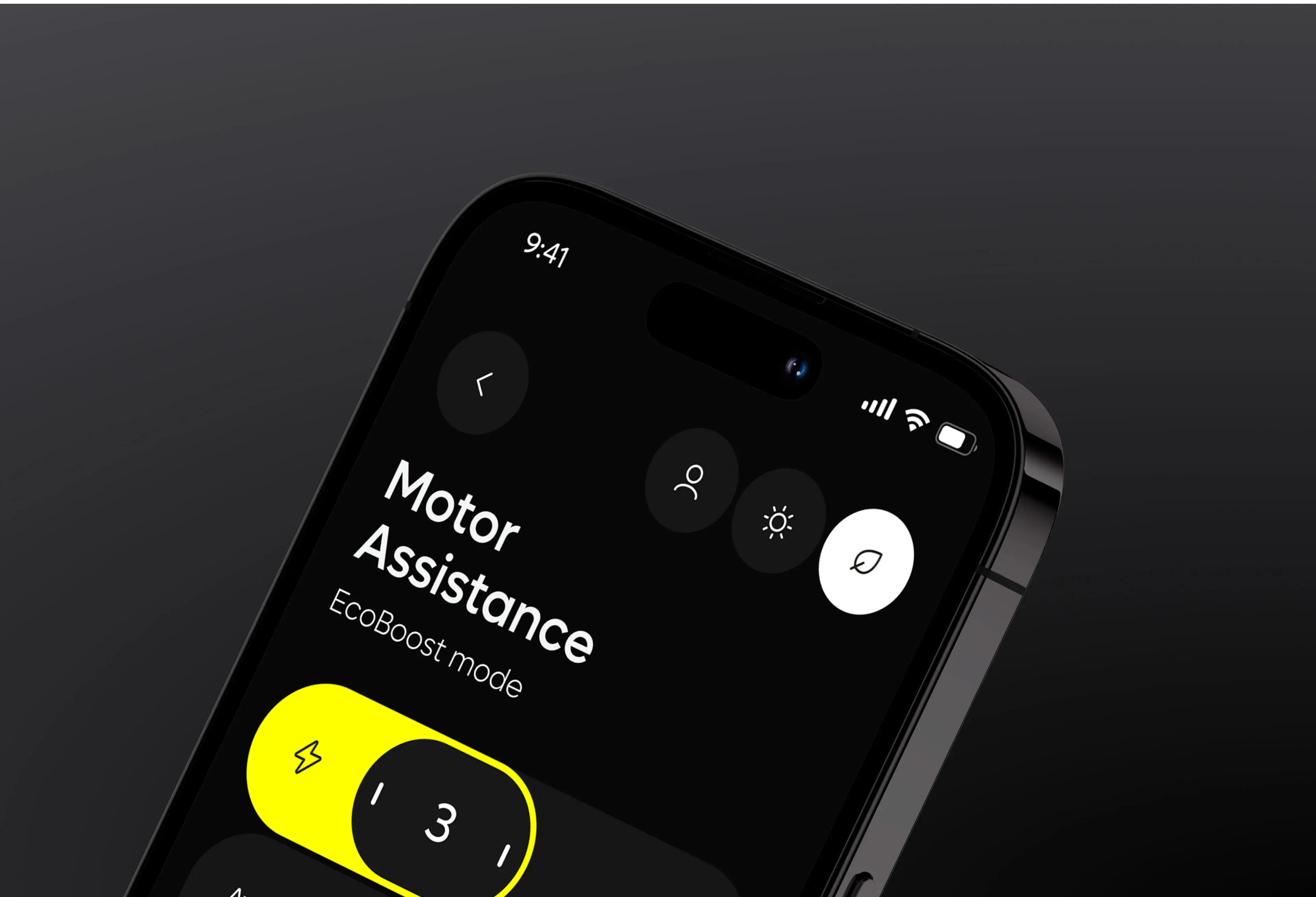 Screenshot of a mobile app interface showing vehicle settings like Motor Assistance and EcoBoost mode.