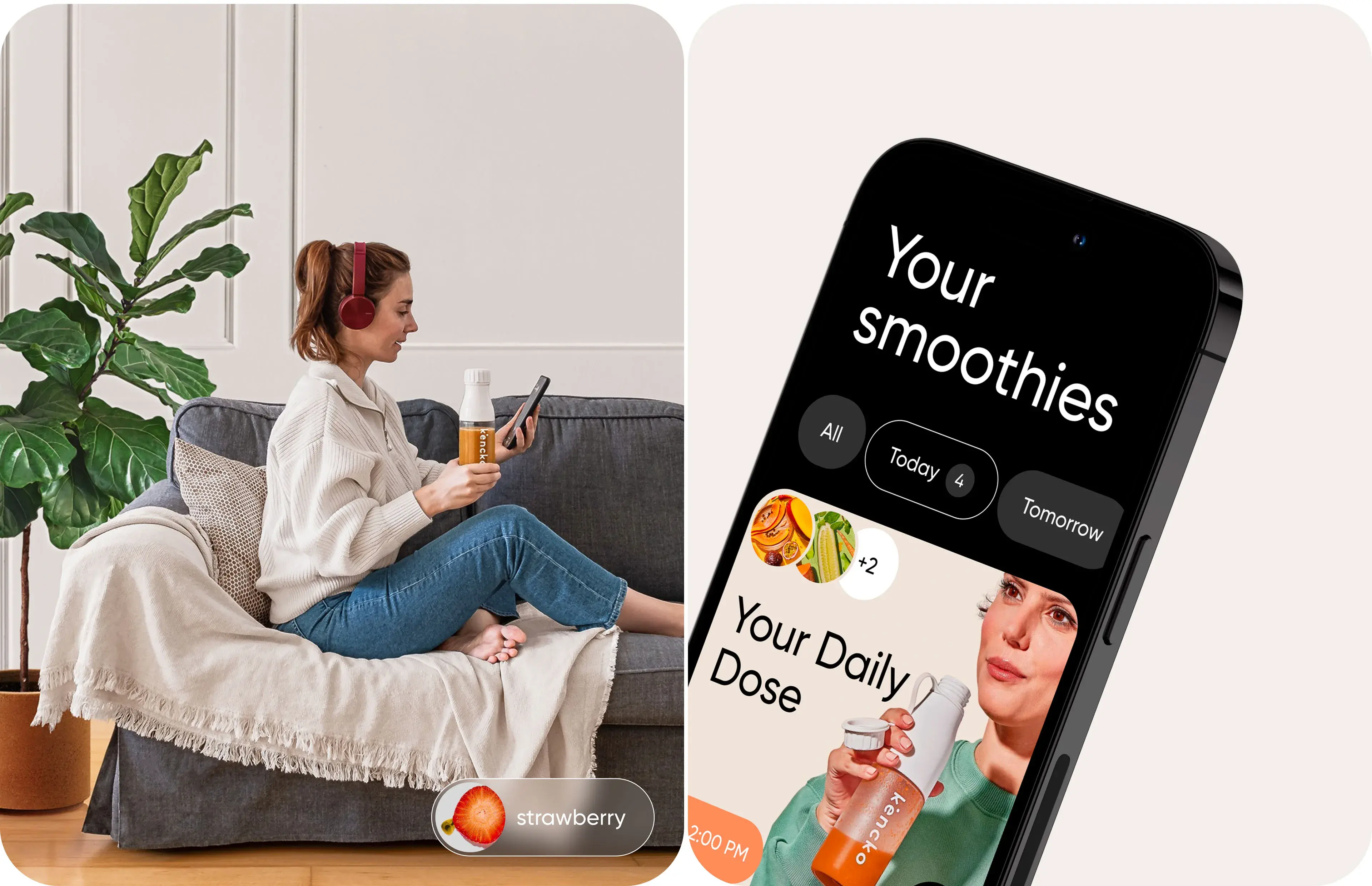Graphic illustration for Kencko app case study featuring a person, products, and text "your dietitian in one app".