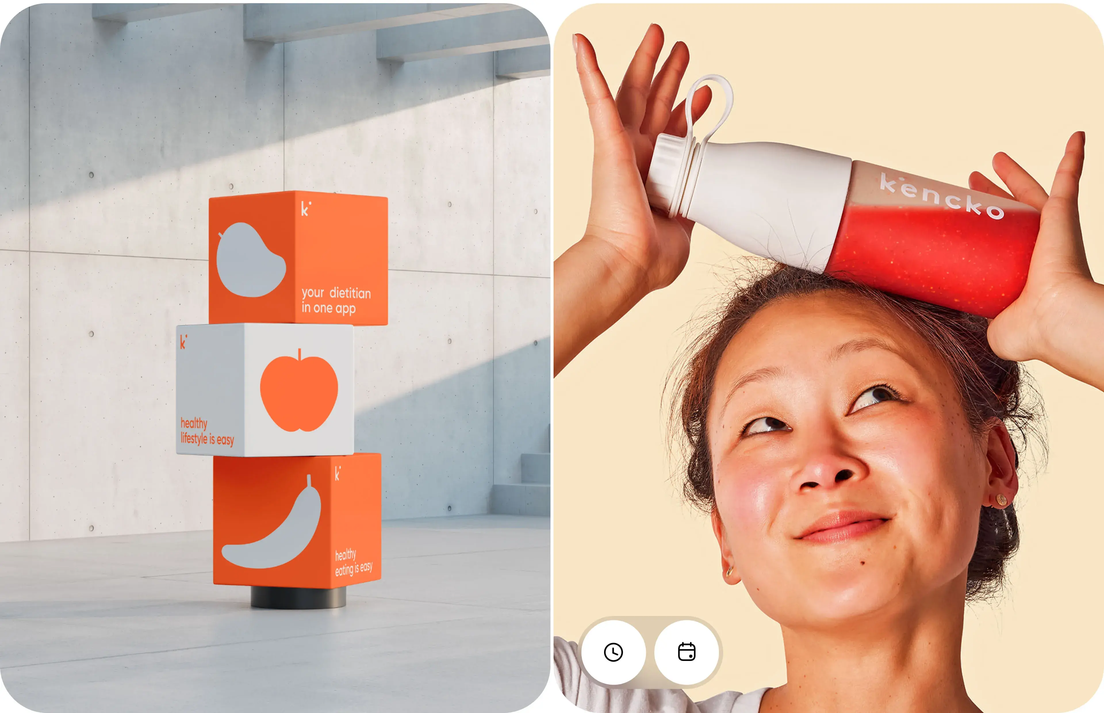 Graphic illustration for Kencko app case study featuring a person, products, and text "your dietitian in one app".