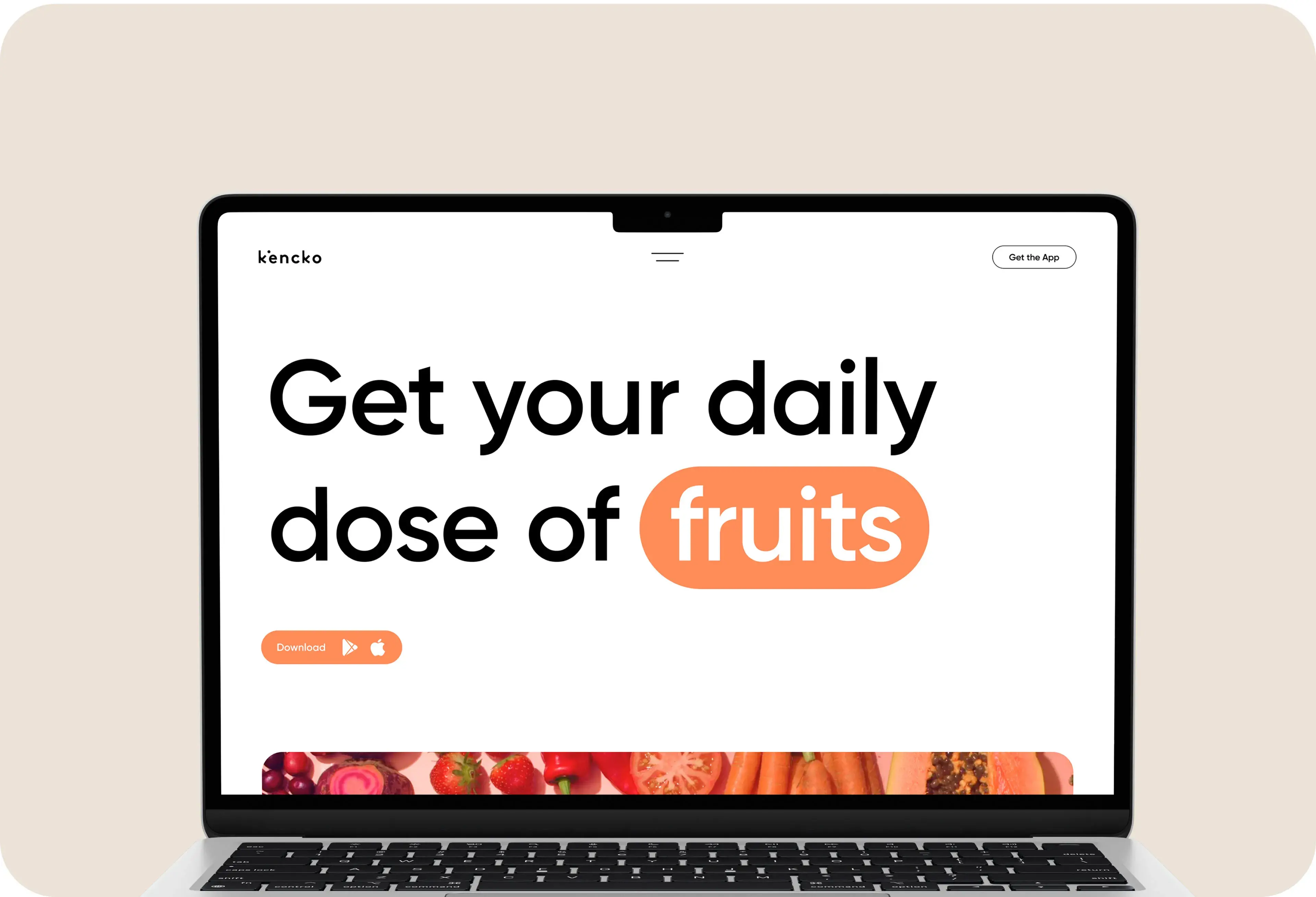 Person with laptop near Kencko branding and bottle, showing "FRUITS ARE WATCHING" text.